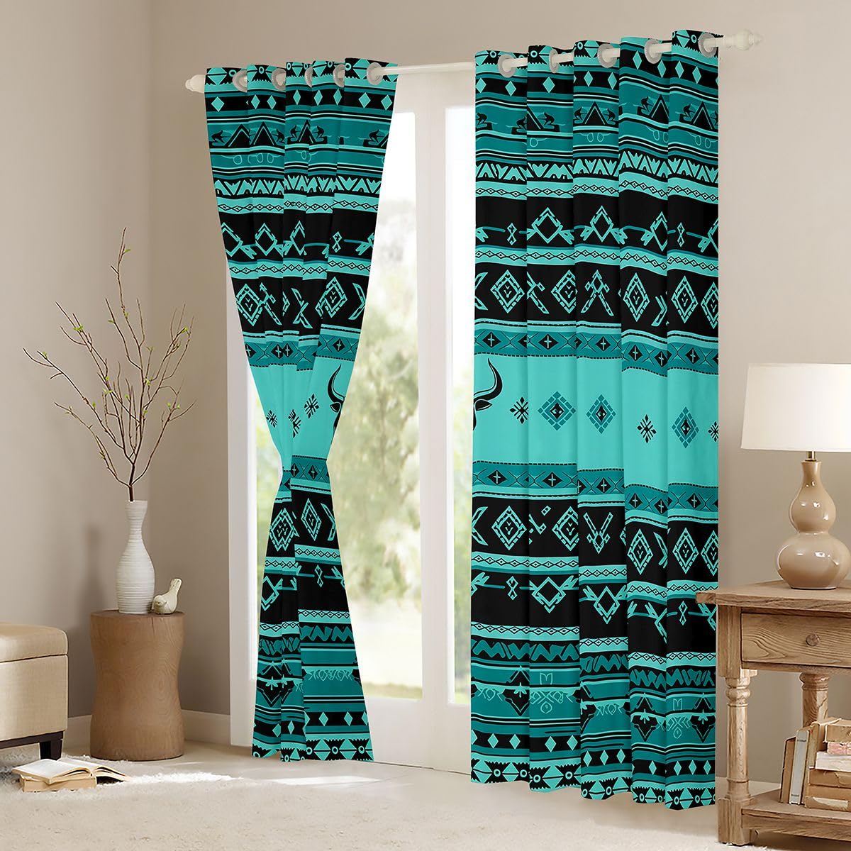 Homewish Rustykalne zasłony zaciemniające w stylu westernowym, 132 x 160 cm, egzotyczne zasłony w stylu vintage, na przelotkach, do salonu, sypialni, geometryczne boho, do pokoju z krową, 2 panele
