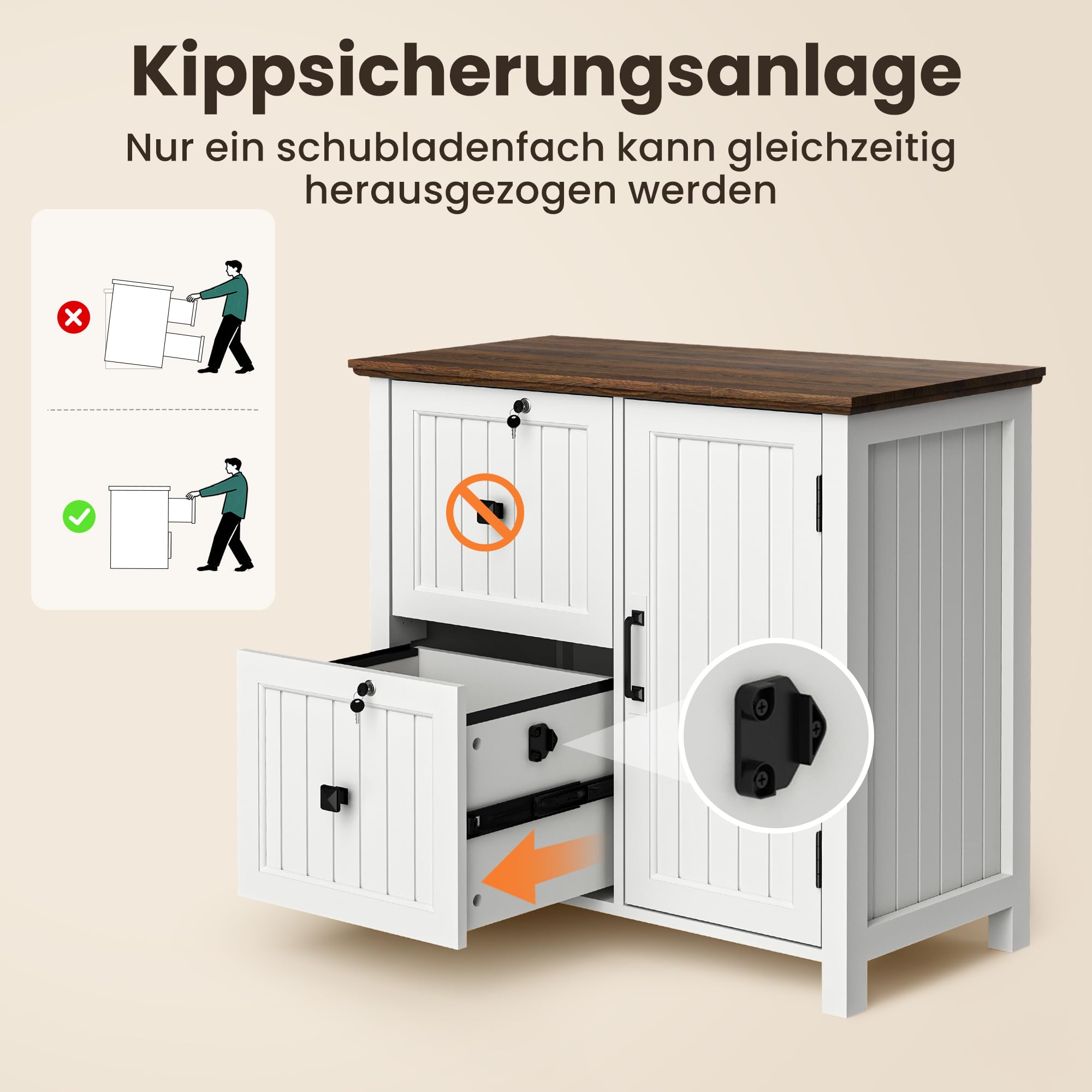 Pamapic Aktenschrank Holz Abschließbar mit 2 Schubladen, Büroschrank für Formate Letter/Legal/A4, Büromöbel mit Verstellbaren Einlegeböden & 1 Großer Schrank, Druckerständer, Weiß