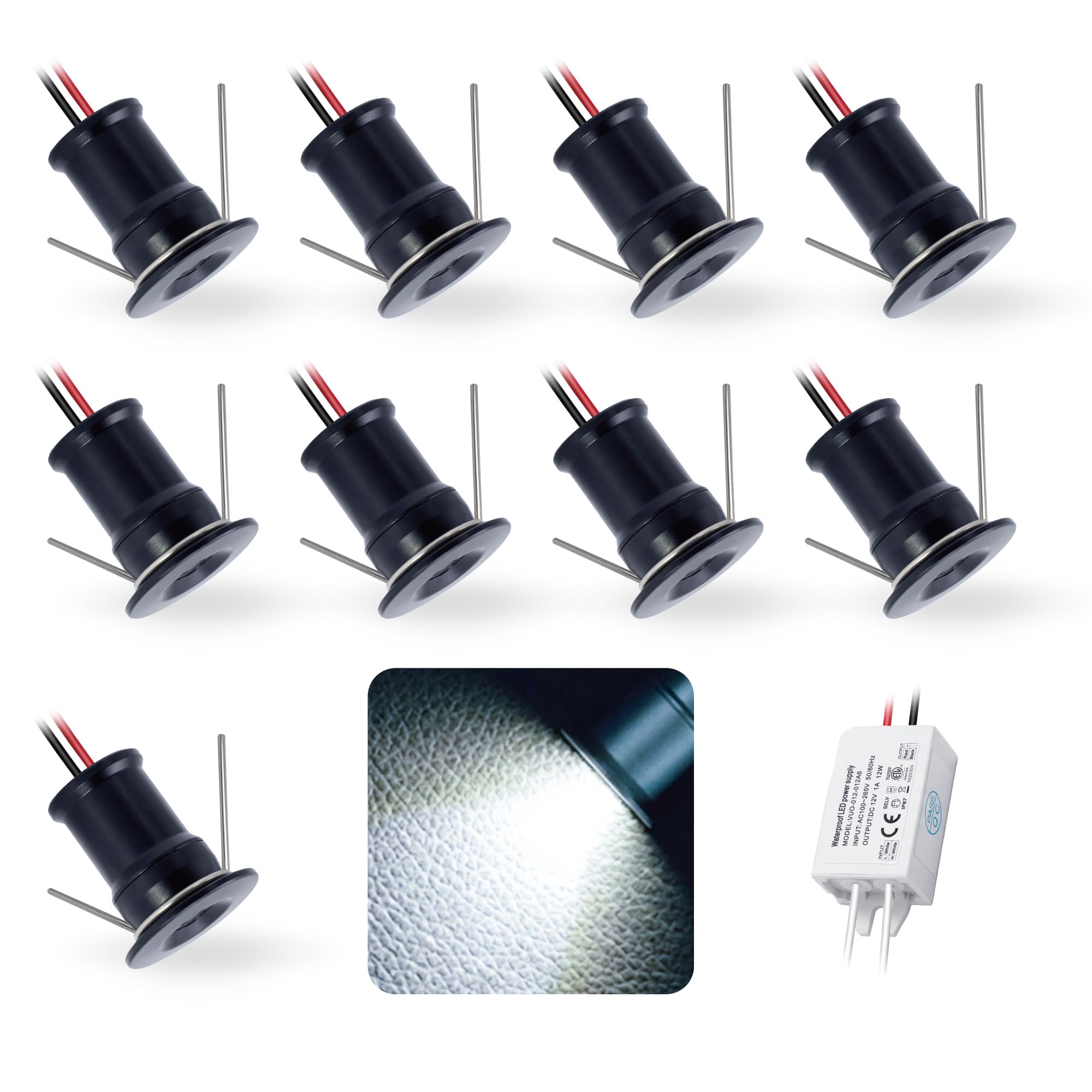 kpslucerna 9pcs 12V 1W Mini LED Downlight, IP65 Water Resistant Small Recessed Spotlight, Ø15mm Round Plinth Spot Light Cabinet Showcases Displays Wall Kitchen Staircase Media Wall(Black Cold 30°)