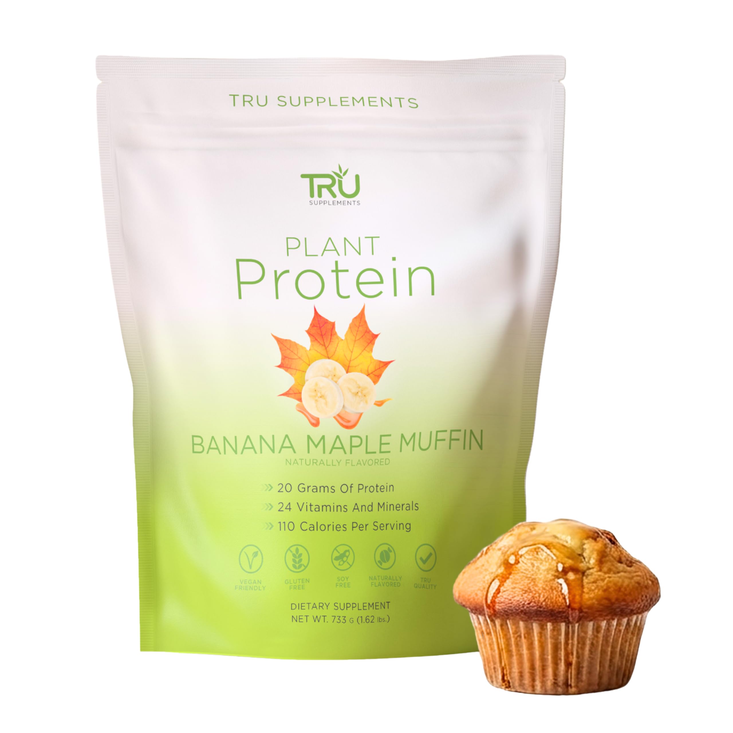 TRU Supplements Plant Based Protein Powder, BCAA, EAA, 20g Vegan Brown Rice & Pea Protein, 100 Calories, 27 Vitamins, No Artificial Flavors 25 Servings (Banana Maple Muffin)
