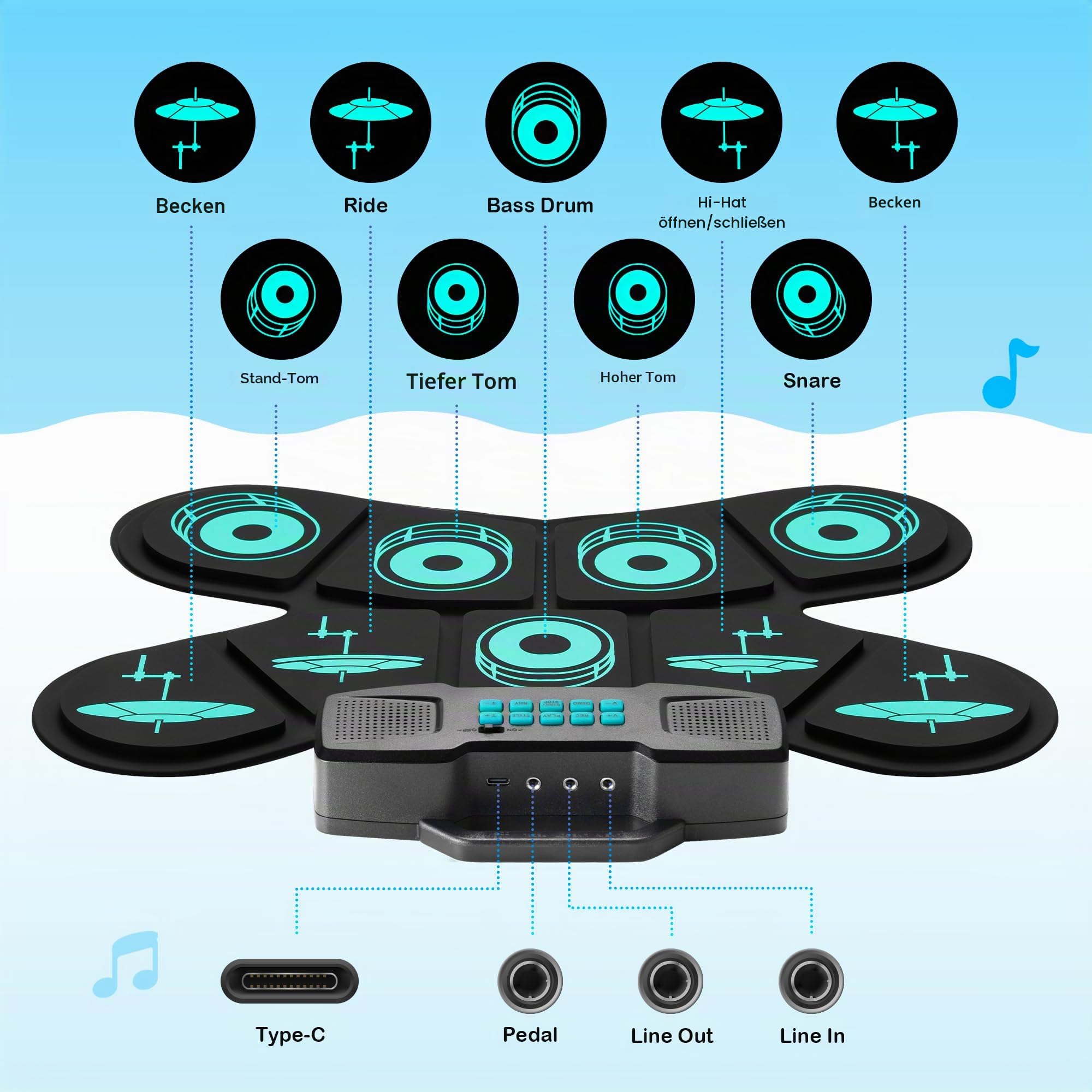 CAHAYA Elektronisches Schlagzeug für Kinder mit MIDI & Handgriff: Aufrollbar E-Drum-Set 9-Pads für Kinder Mit 2 Pedal, Stereo-Lautsprecher, Kopfhörerausgang, 10h Akkulaufzeit - CY00387-1
