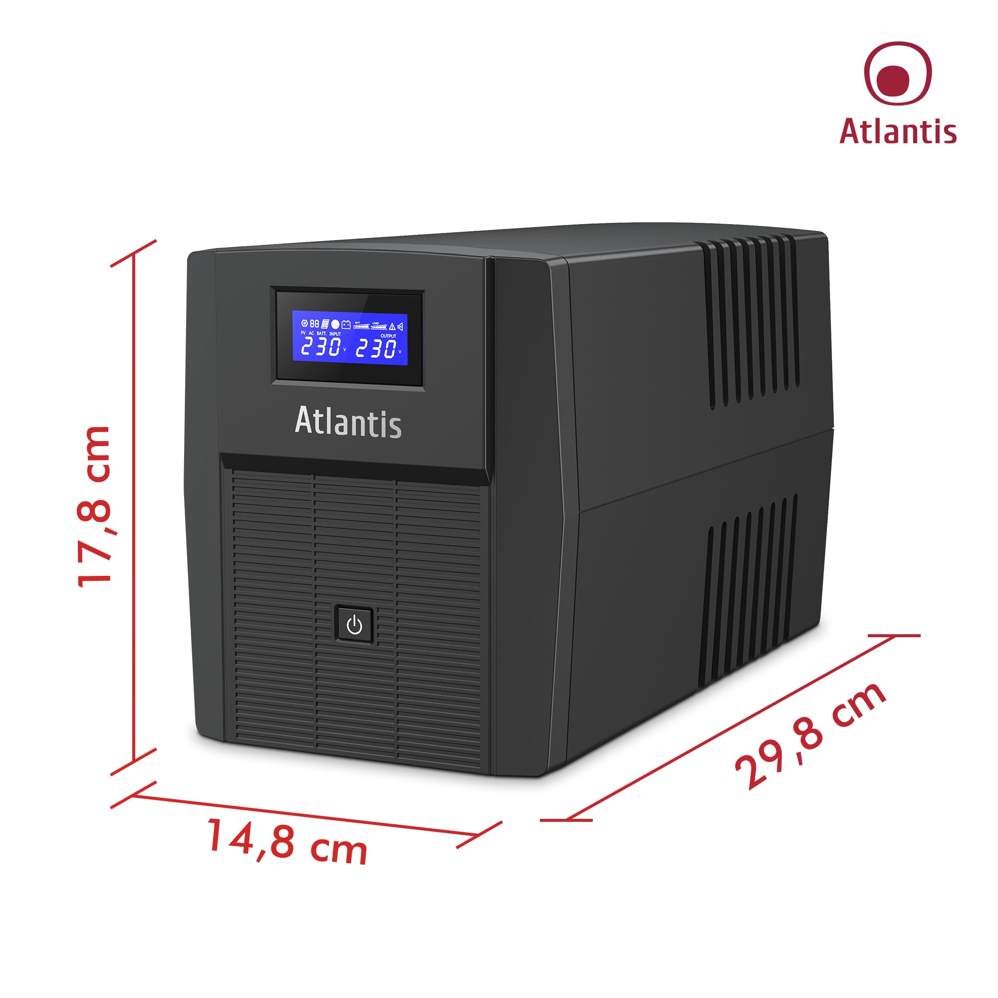 Atlantis A03-HP1503 Sistema de alimentación ininterrumpida Onda sinusoidal Pura 1200VA 720W Line Interactive, LCD, USB-HID, 3 IEC + 2 Schuko, protección RJ45,Cable de alimentación, 2 baterías 12V 7Ah