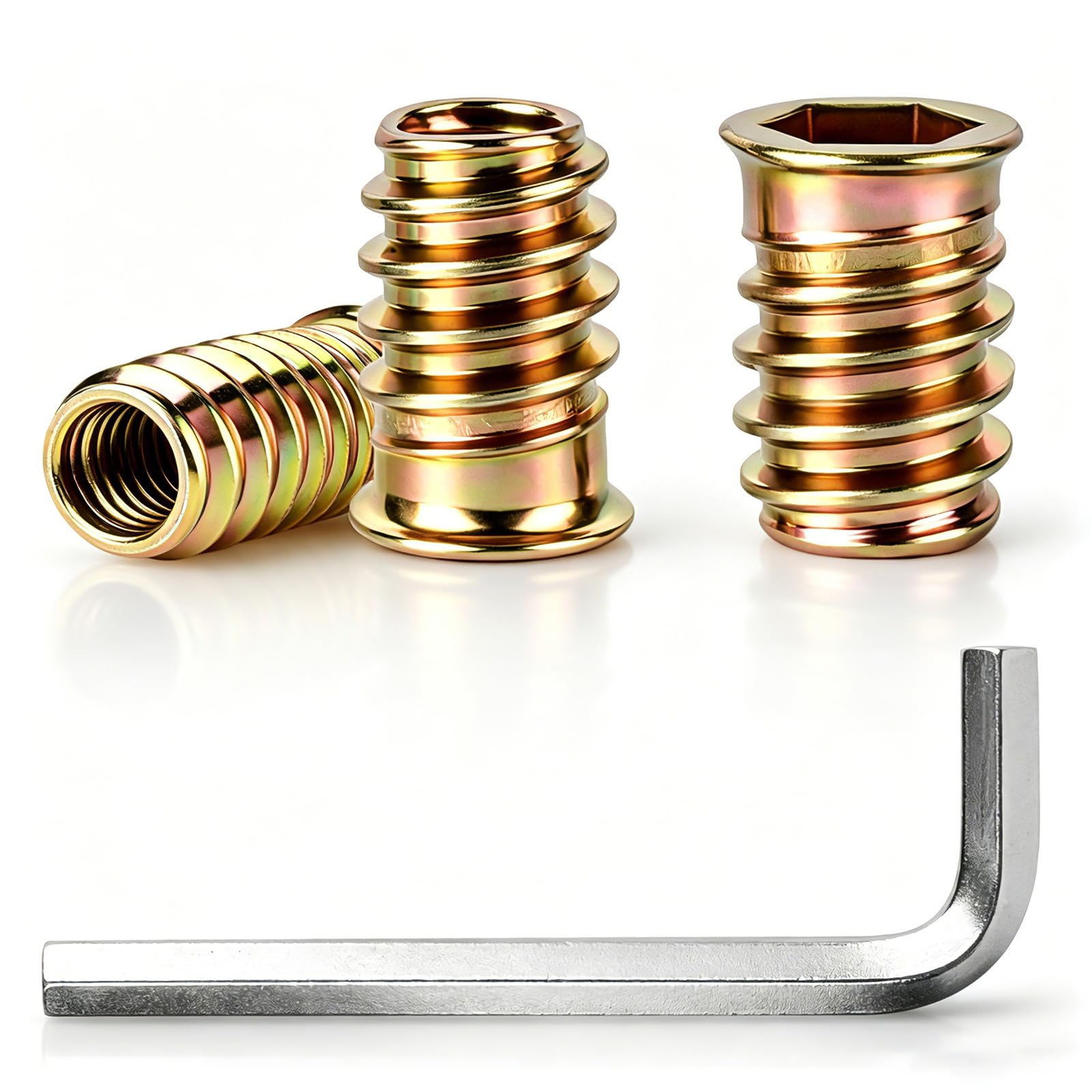 50 Pz Inserti Filettati per Legno, M6 x 16 mm Boccole Filettate per Legno, Inserto Filettato con Testa Esagonale Piatta in Lega di Zinco per Mobili in Legnos, falegnameria progetti, con chiave
