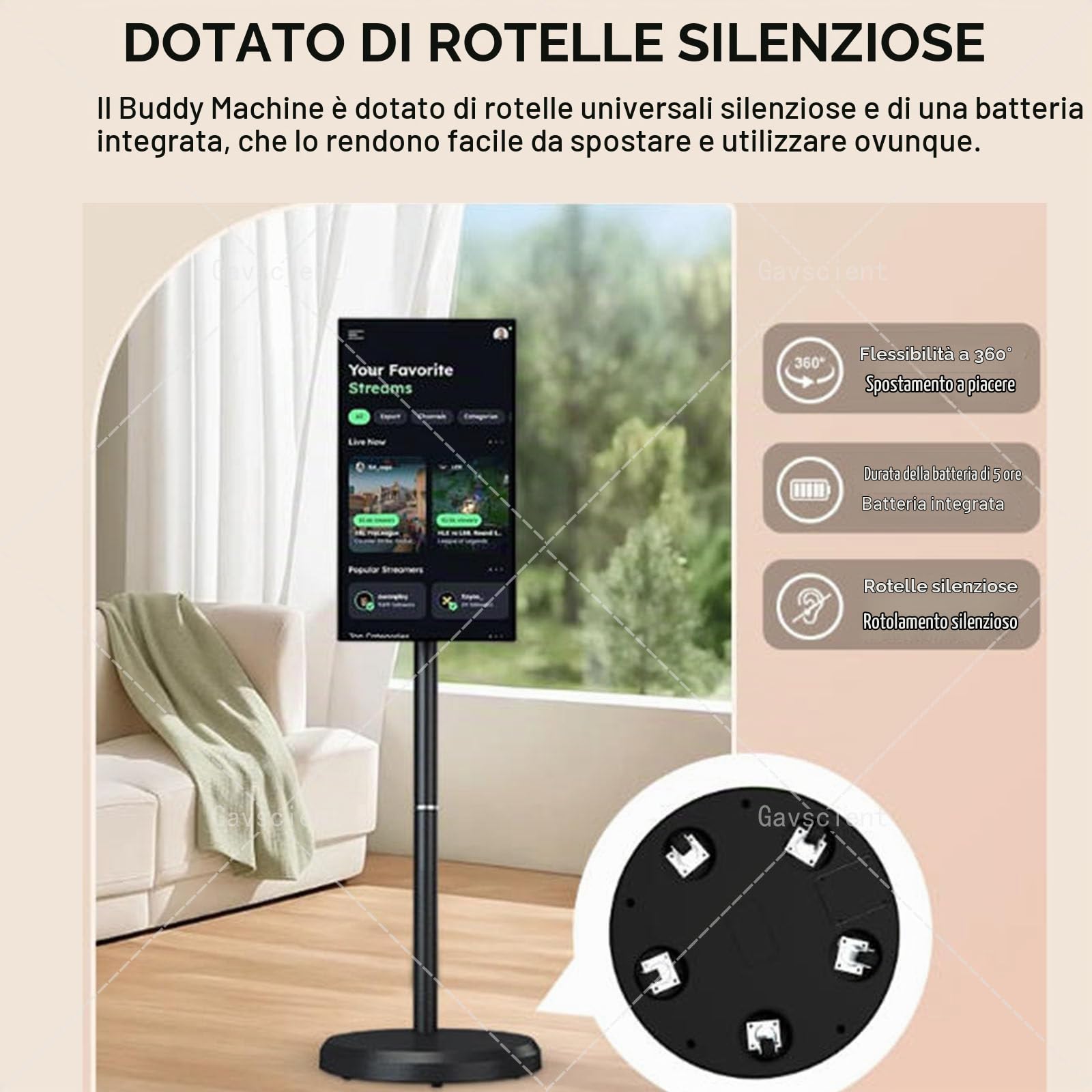 TV Intelligente Portatile FHD 2ª Generazione, Android 12, TV-Tablet Rotolante su Ruote, Batteria 6000mAh Integrata, Rotazione Completa – per Cinema Casa & Presentazioni Ufficio 21.5-8/128G