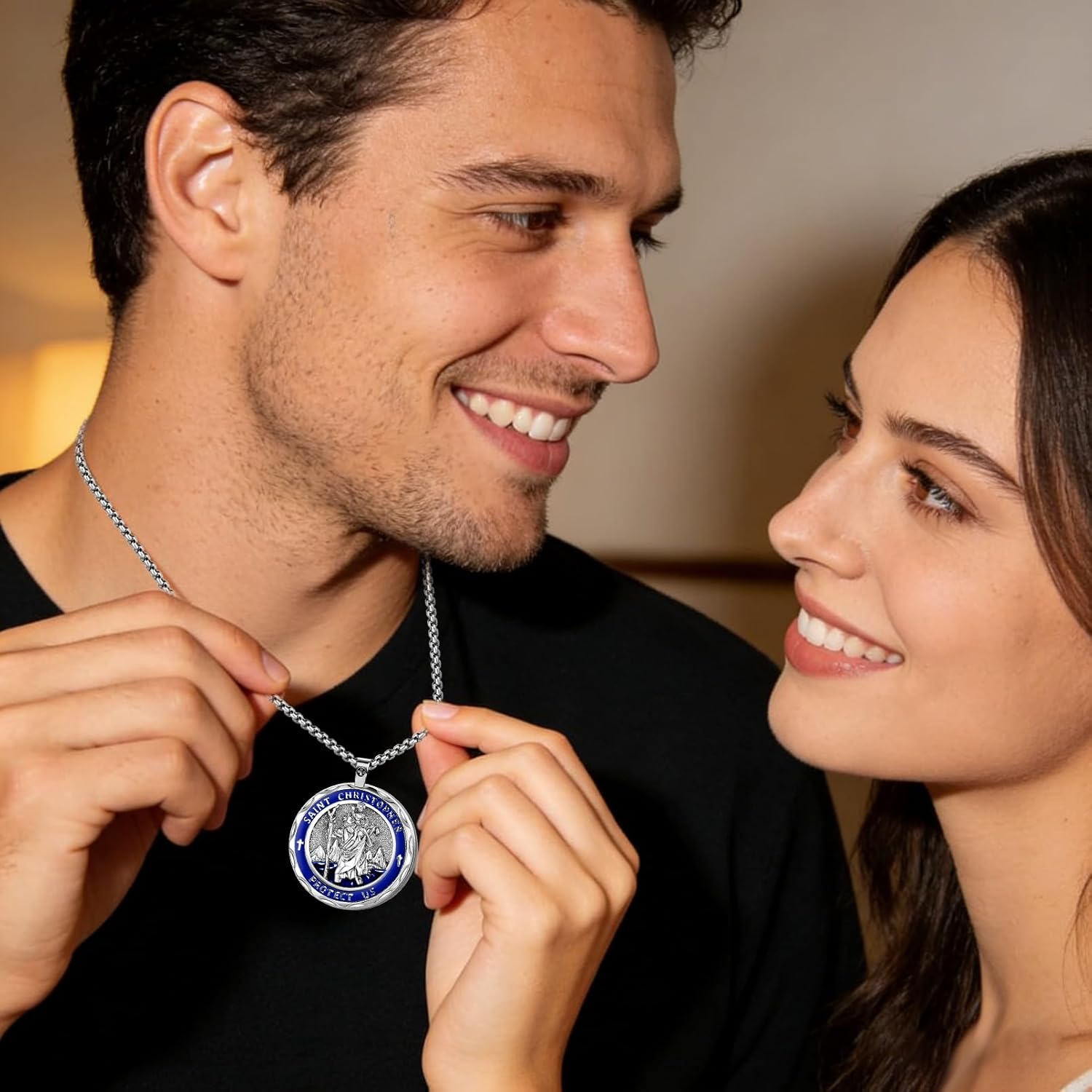 St.Jude/St.Christopher/Saint Joseph/Platinum-plated religious pendant, large coin necklace, 19.69+2 inch chain, Catholic patron saint medal, high polishing. - Image 3