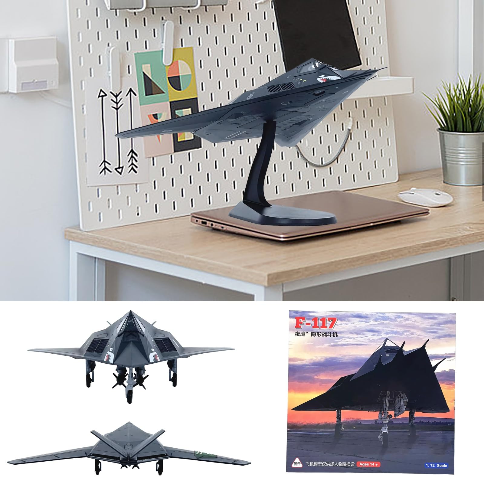 Modello pressofuso bombardiere F-117 in scala 1:72 con equipaggiamento espositore for collezionisti militari, decorazione for scrivania scaffale, regalo perfetto for appassionati aviazione