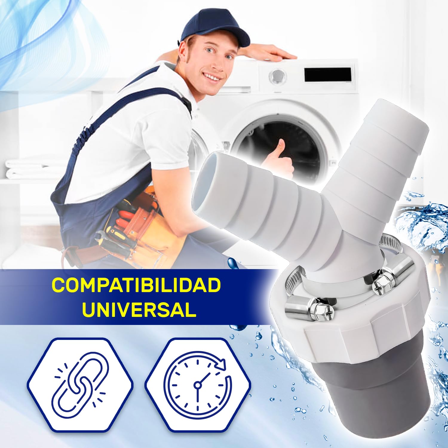 Adaptador Empalme Desague Lavadora con Salida para Tubo Ø40 mm y Entrada Ø18-23 mm - Doble Pipeta Desague en Y para Lavavajillas - Kit Incluye 2 Piezas de Abrazaderas Ø20-32 mm - MONTERAL — view 7