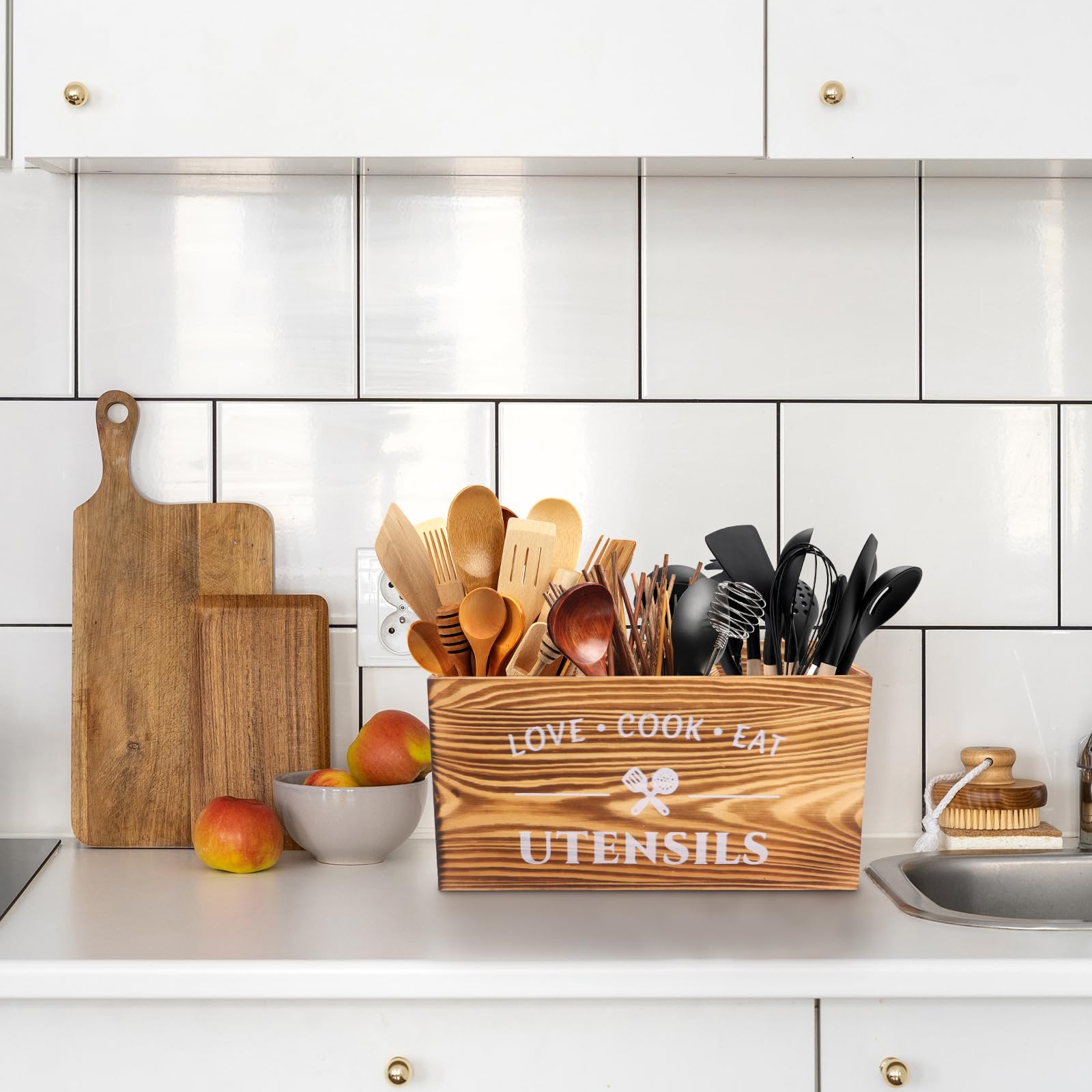 küchenutensilienhalter, Holz kochlöffelhalter, Kitchen Organizer,Utensilien-Organizer für Arbeitsplatte,Küchengeschirr Rack mit Drei Fächern,Kochwerkzeuge für Bauernhäuser für Arbeitsplatten organizer