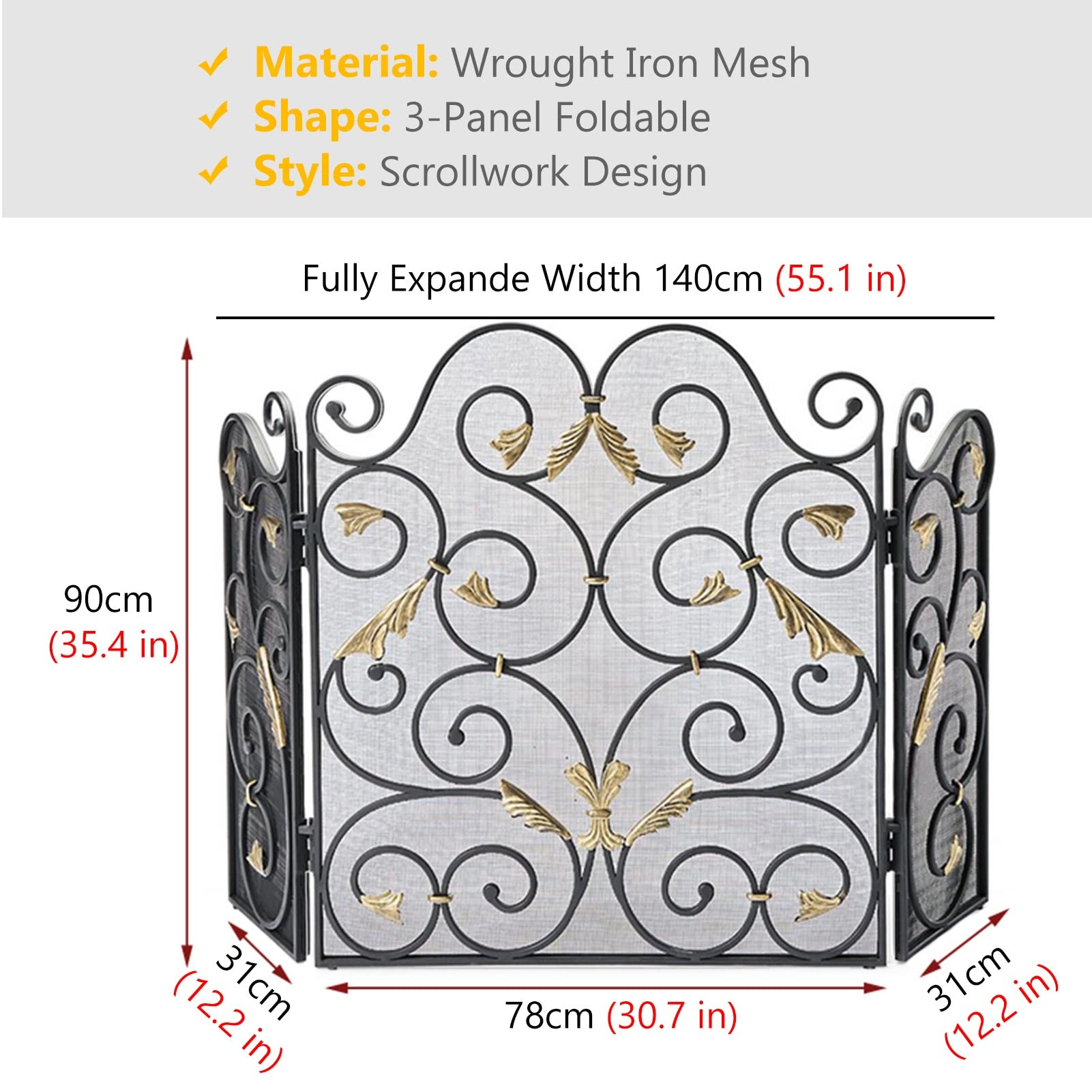 BEAMNOVA Parafiamma Per Camino A 3 Pannelli – In Ferro, Stile Rustico Vintage, Regolabile, Dimensioni 133x78 Cm, Protezione Da Braci E Scintille - 2