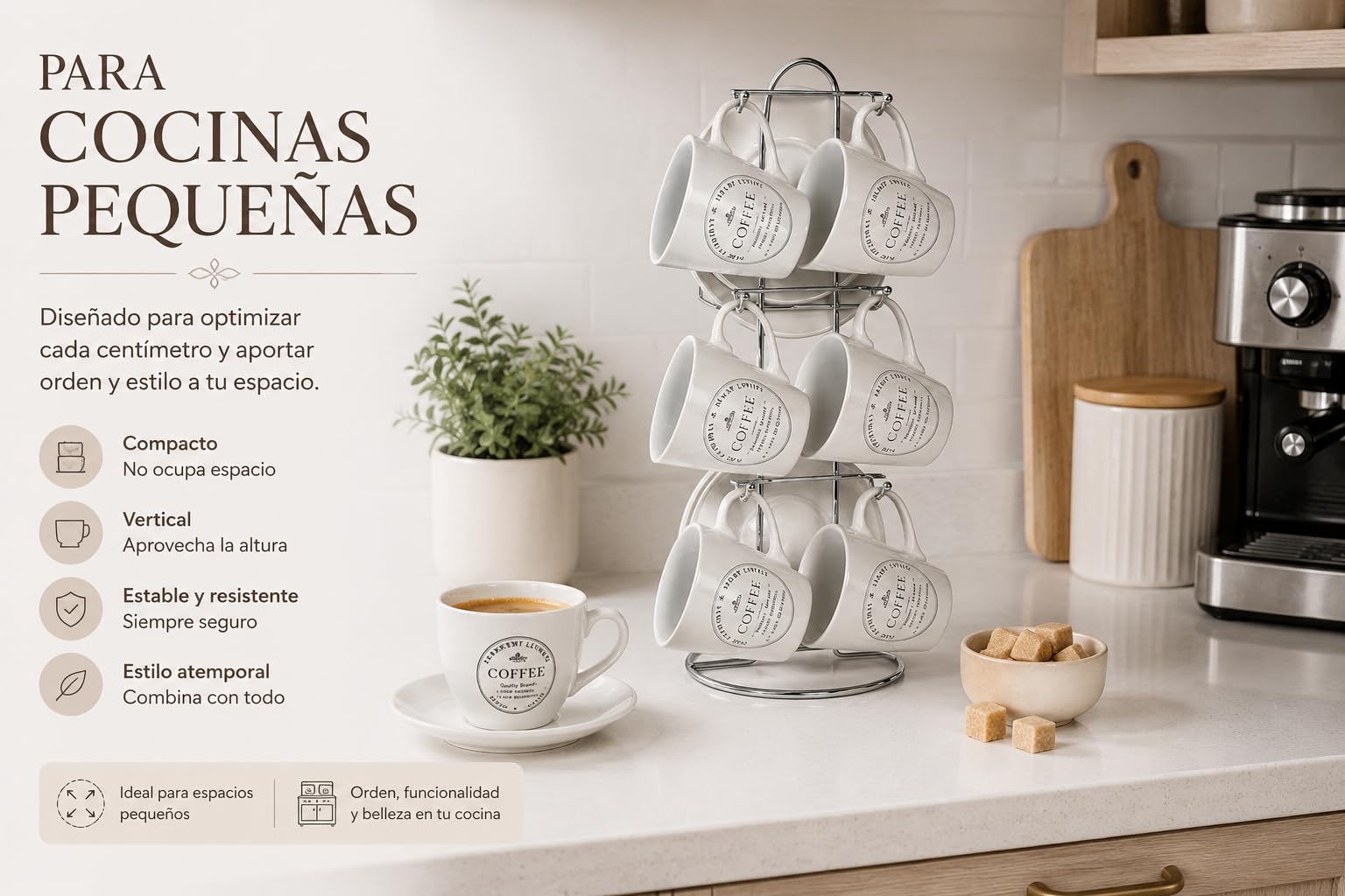 Juego de 6 Tazas de Café con Platos y Soporte Metálico – Set de Cerámica para Espresso y Cappuccino – Ideal para Cocinas Pequeñas