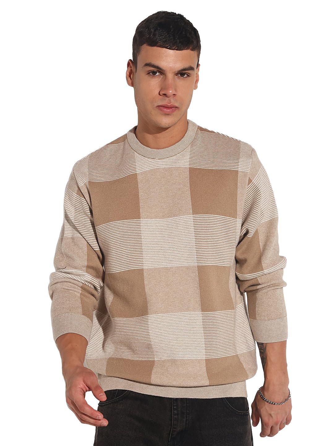 showoffff Edition Men's Checked Brown Ribbed Round Neck Sweater-LBR-2534_Brown-picture-34