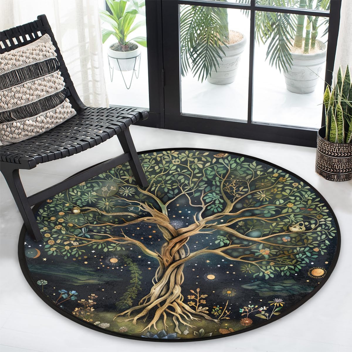 Round Rug 5ft Tree of Tree of Life Flower Indoor Circle Area Rug Washable Non-Slip Bedside Doormat for Living Room Bedroom Playroom Nursery Room Decor Carpet Mat Splat Mat for High Chair