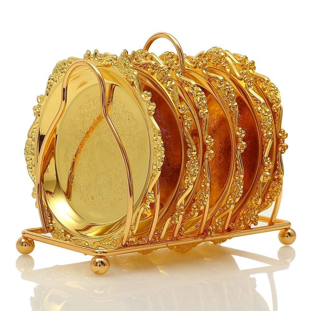 AMERTEER 6 Piece Coaster Creative Drink Coasters with Decorative Rack Non-Slip Metal Cup Mats Tabletop Display with Holder for Bar,Home, Kitchen,Coffee Table Centerpieces Decoration (Golden)