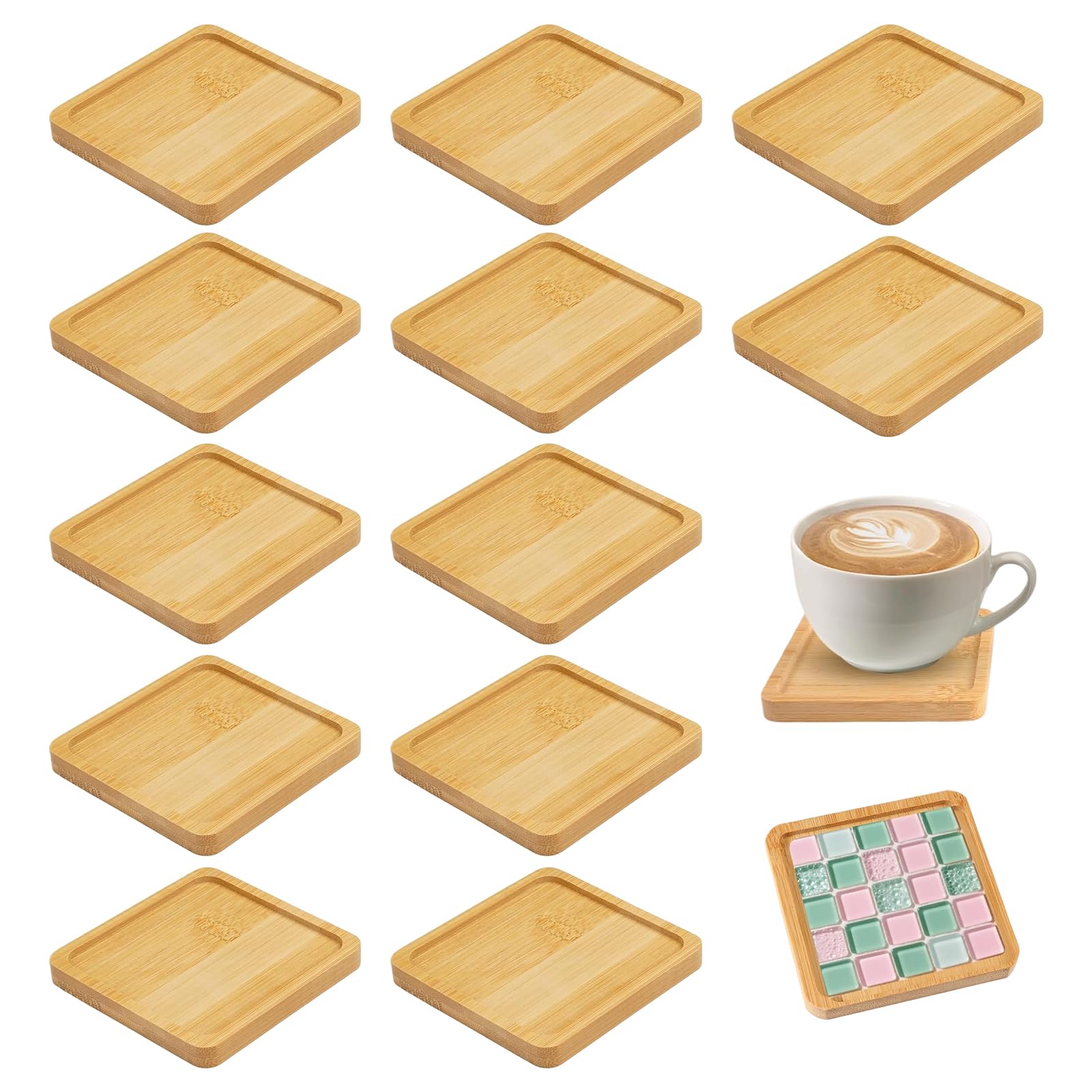 12 PCS Wooden Coasters, 9cm Square Bamboo Coasters for Mosaic Bamboo Tray Small Plant Trays for DIY Crafts Coffee Drink Table Decoration