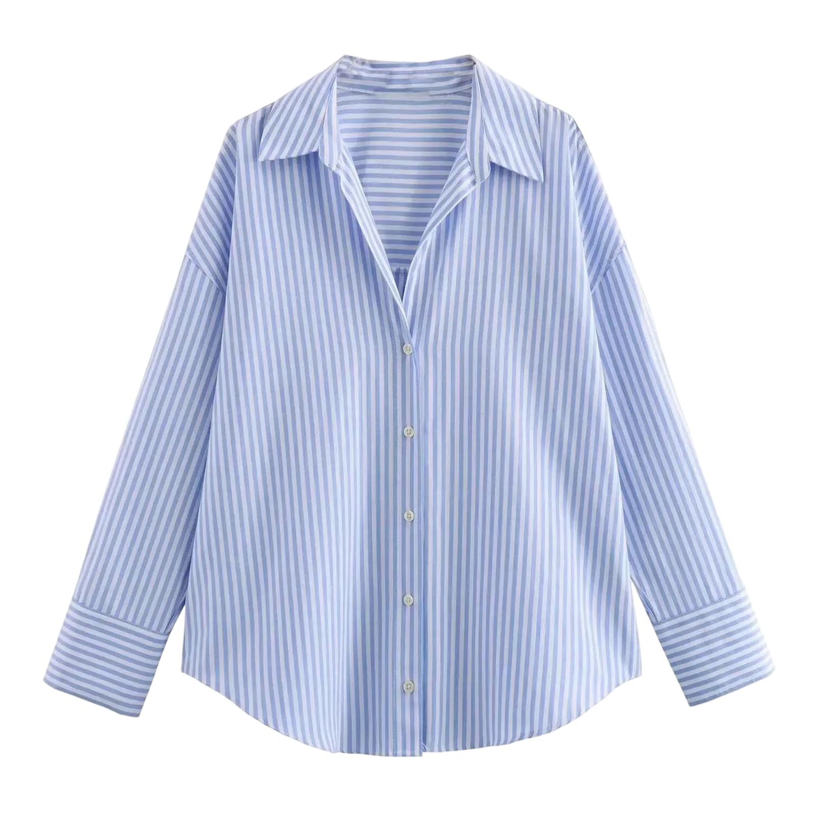 Genérico Camisa Oxford de Manga Larga con Botones para Mujer, de Botonadura Sencilla, de Corte Recto y Abertura Completa, para Oficina (Raya Grande)