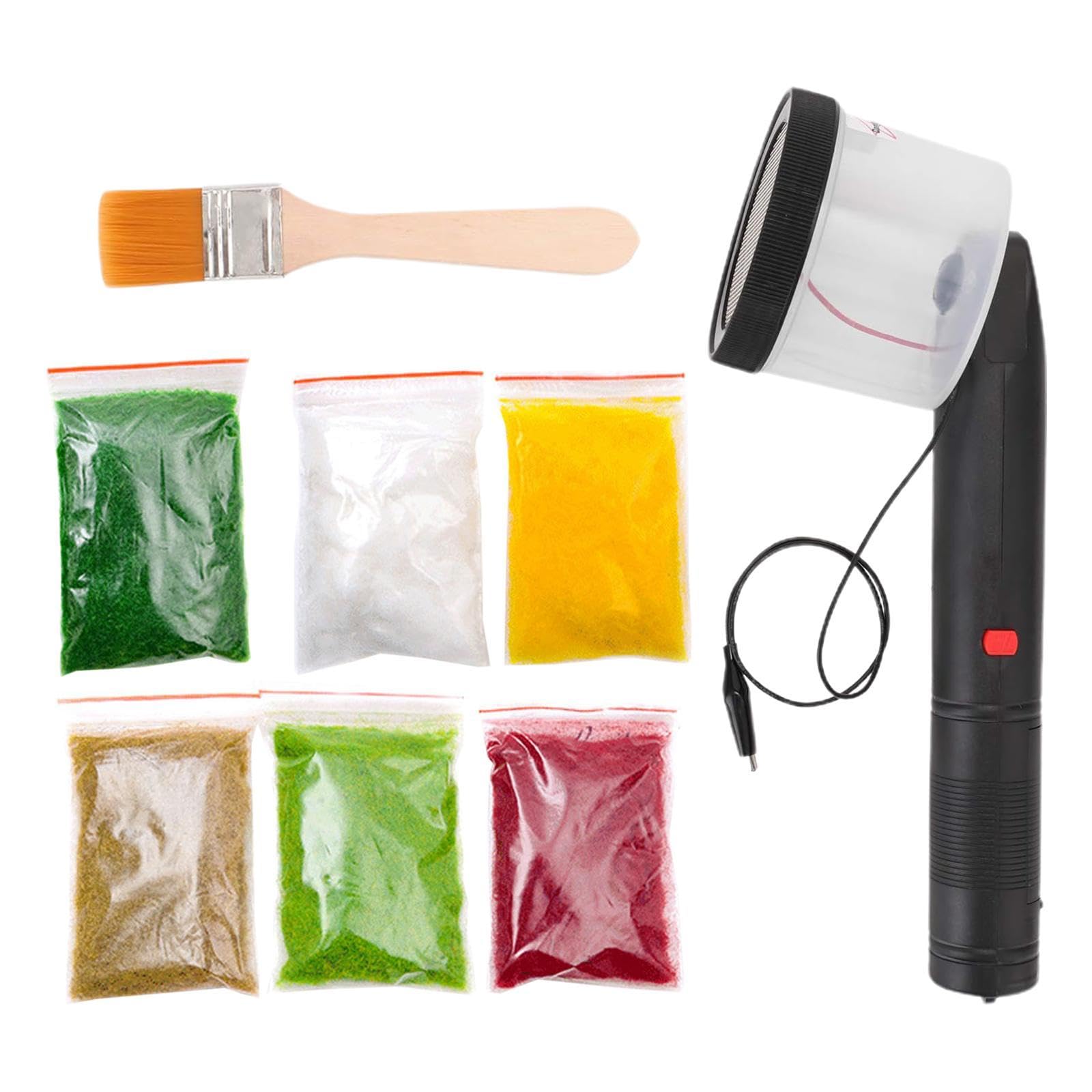 Gralara Máquina de Césped Estático Portátil para Maquetas Y Escenarios Dispositivo Manual Electroestático Herramienta para Fibras Accesorio PP Arena, 6 Bolsas de Hierba en Polvo