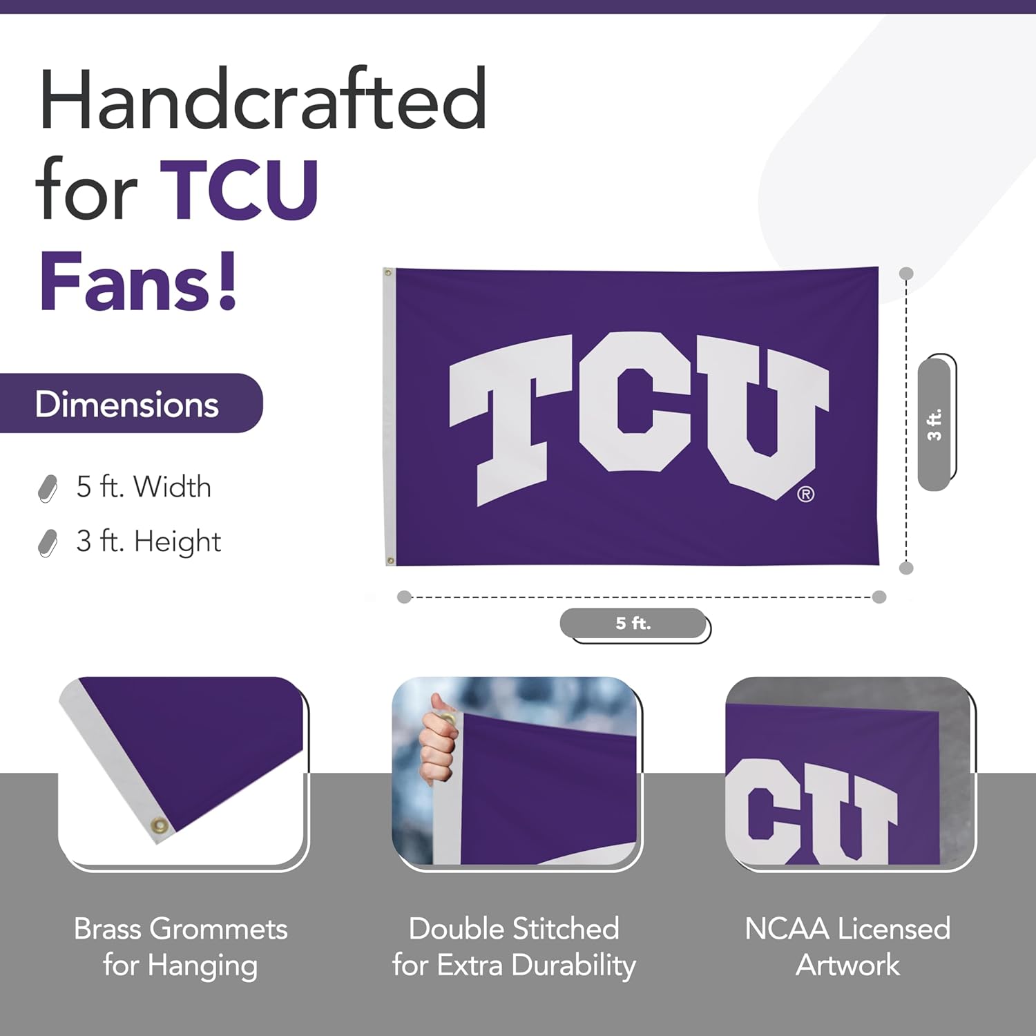 TCU Horned Frogs College Sports Printed Flag - NCAA Licensed - Nylon - School Banner (Purple, White) (3' x 5')