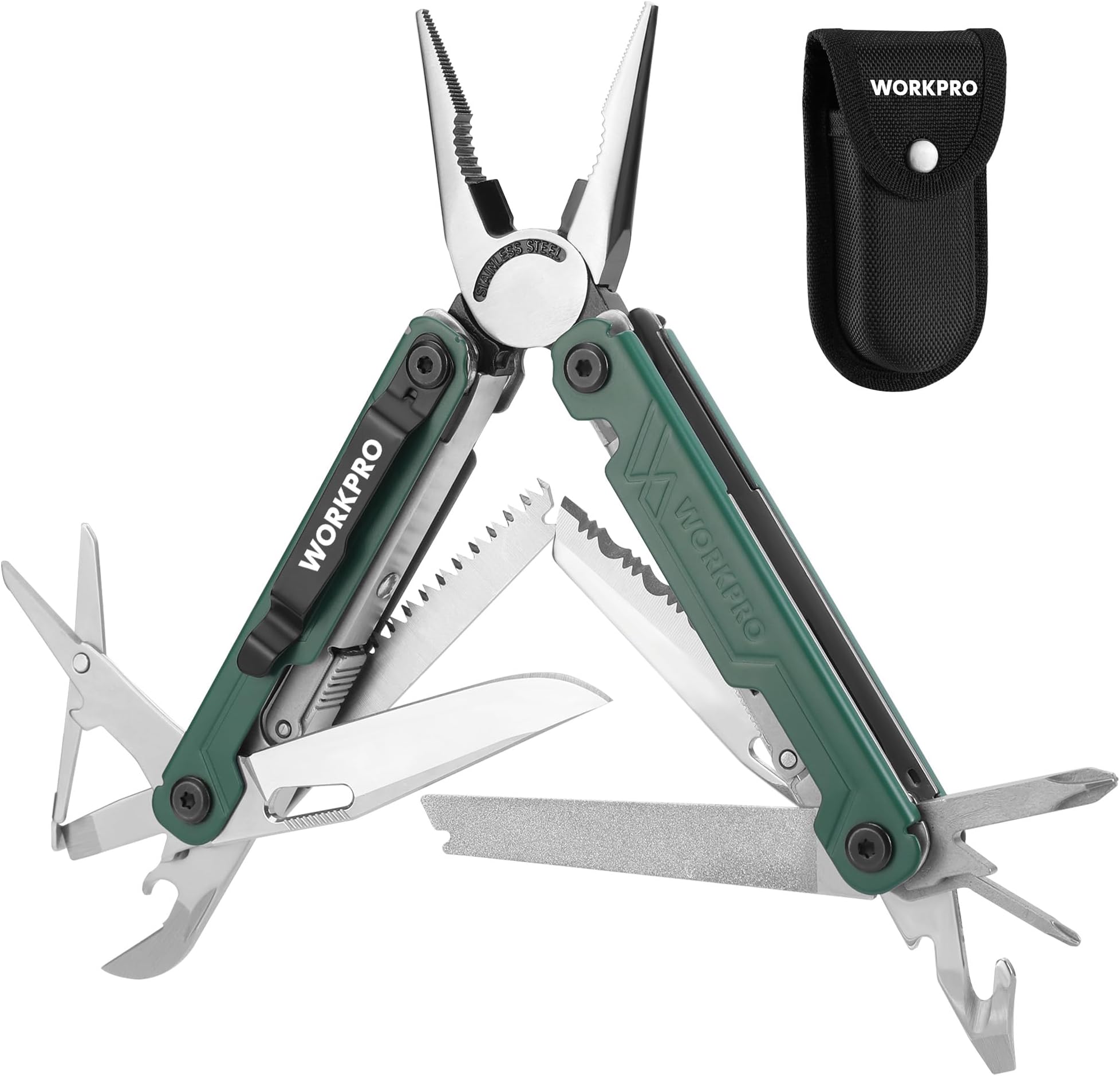 WORKPRO Multi-Function Pliers Outdoor Multi-Tool Multi-Pliers 18-in-1 Foldable Pliers, Wire Cutter, Saw, File, Screwdriver, Can Opener with Lock Function, Includes Pouch, For Camping, Fishing