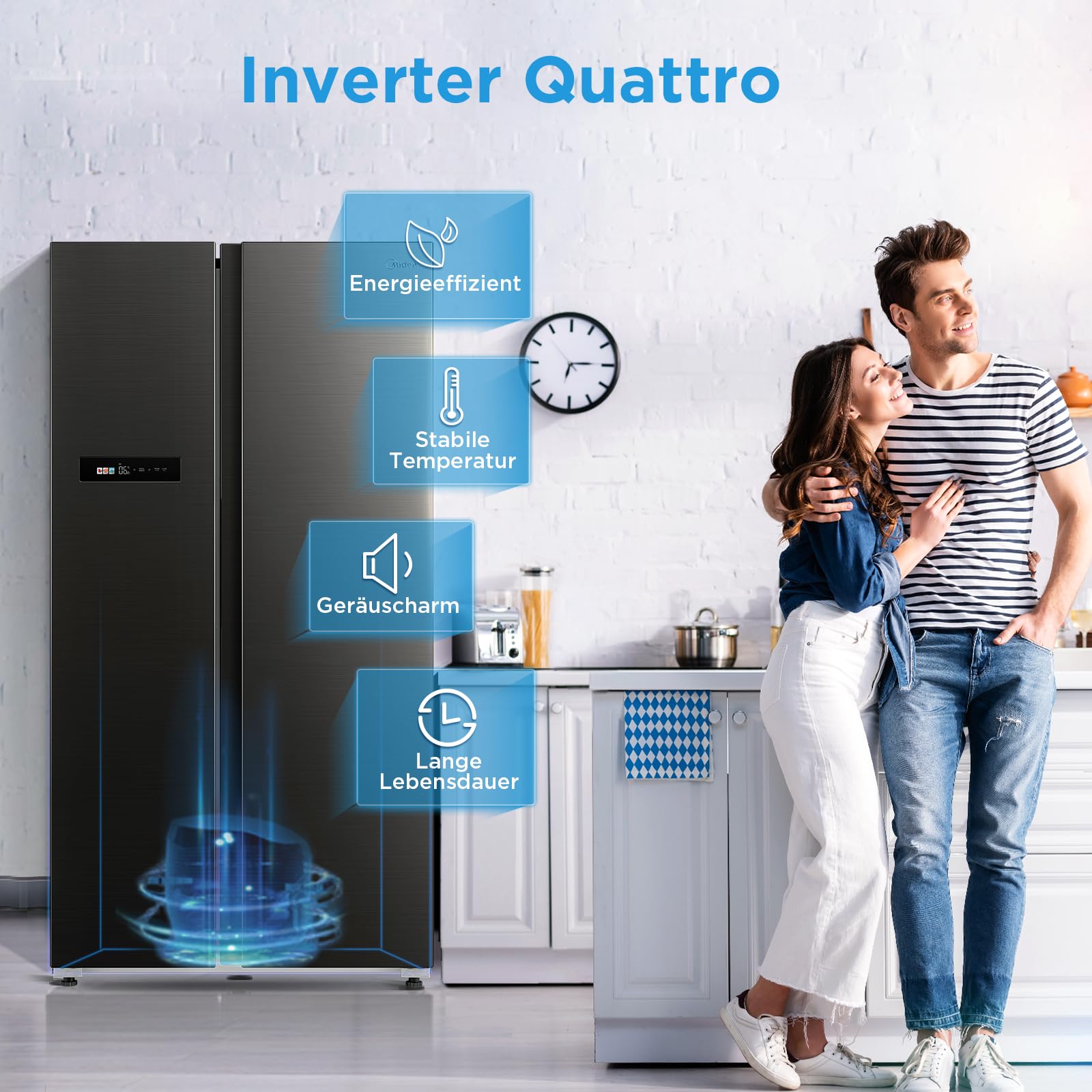 Midea MDRS791MIC28 lodówko-zamrażarka Side-by-Side/No Frost/sterowanie WiFi/Inwerter/Inverter Compressor/176,5 cm wysokości/379 l chłodzenie/213 l zamrażanie/podwójne sterowanie/SuperCool/37 dB, kolor