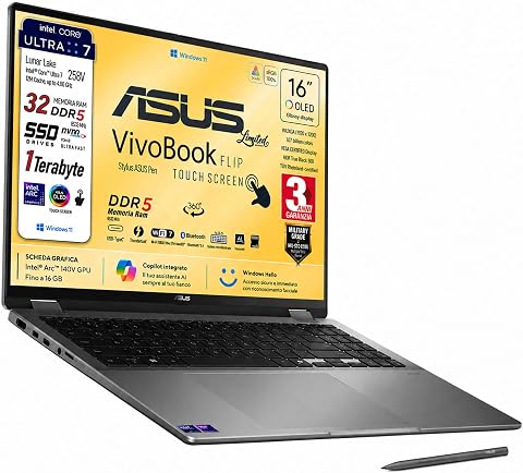 ASUS Vivobook 16 FLIP, U7 258V, DDR5 32Gb, OLED Touchscreen 16" WUXGA FHD+ | Intel Core Ultra 7 258V, Intel Arc Pro, DDR5 32GB 8533MHZ, SSD 1TB, Win 11, Asus pen, Alimentatore Type_c, 3 anni garanzia