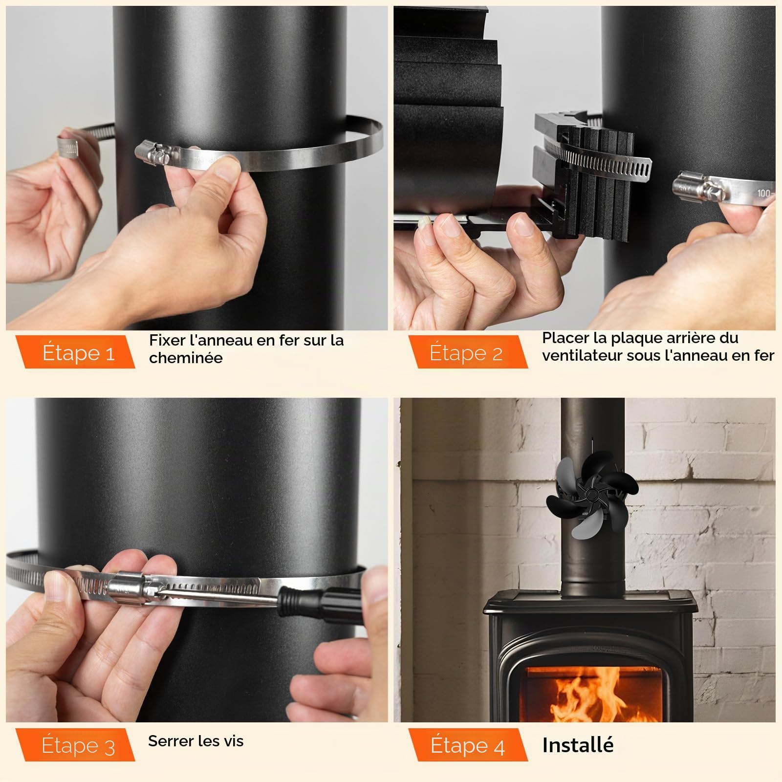 Zgrmbo Ventilateur de cheminée électrique, compact, noir, 6 pales, alimenté par la chaleur, ventilateur non électrique, pour poêle à bois en métal
