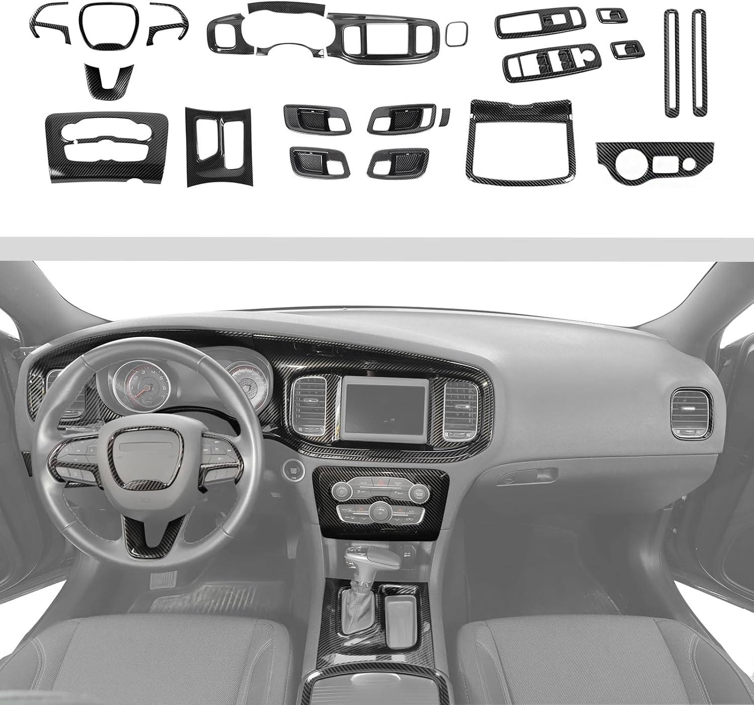 JWWY Carbon Fiber Interior Trim Kit for 2015–2026 Dodge Charger, Center Console Gear Shift Knob AC Cup Holder Door Handle Air Vent Headlight Window Switch Cover Interior Accessories 24PCS