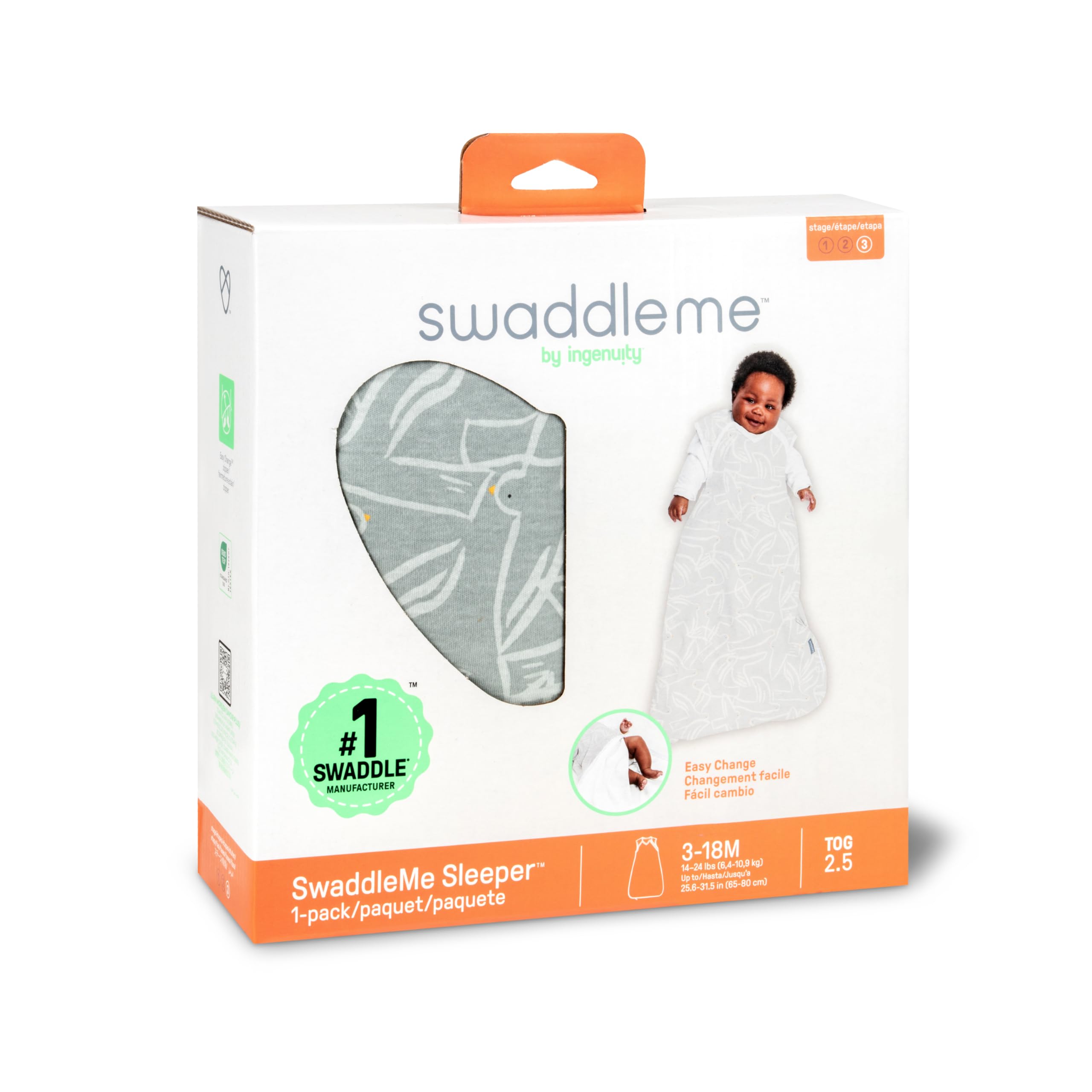 Ingenuity SwaddleMe Schlafsack Baby 2.5 TOG, Größe 3-18 Monate, 6,4-10,9 kg, Hält Baby bei kühleren Temperaturen warm, Extra-langer Reißverschluss, 100% Baumwolle - Flock