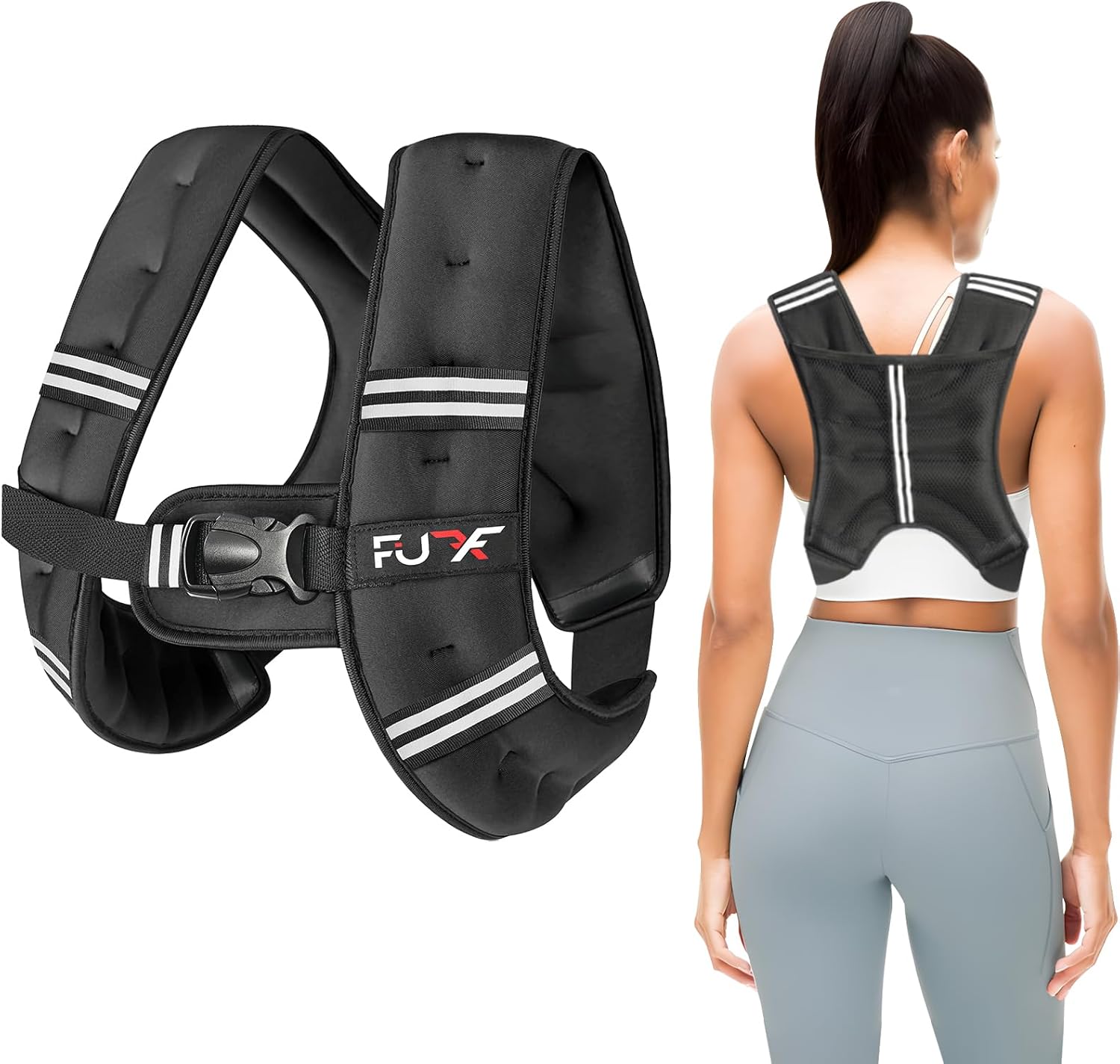 FUFF Weighted Vest Woman, 5/10/12/15/20/25/30 LB Womens Weight Vest for Walking, Strength Training Weight Vests for Female Men, Reflective Stripe Body Vest for Workout Running Jogging Fitness Black 5 LB