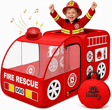 Kiddey Fire Truck Play Tent for Kids - Firetruck Tents with Sirens and Fireman Sound Button for Girls, Boys, Toddlers Gifts - Red Fire Engine Pop Up Playhouse for Toddler - Indoor & Outdoor