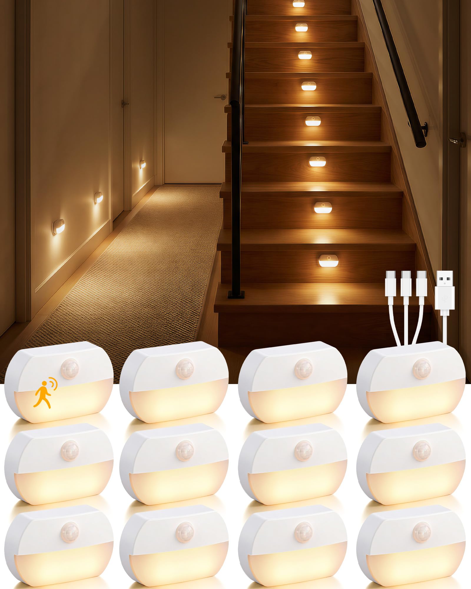 Paquete de 12 luces recargables con sensor de movimiento para escaleras, luz de pasillo interior, luz nocturna inalámbrica portátil, luces LED que funcionan con pilas para escaleras, armarios