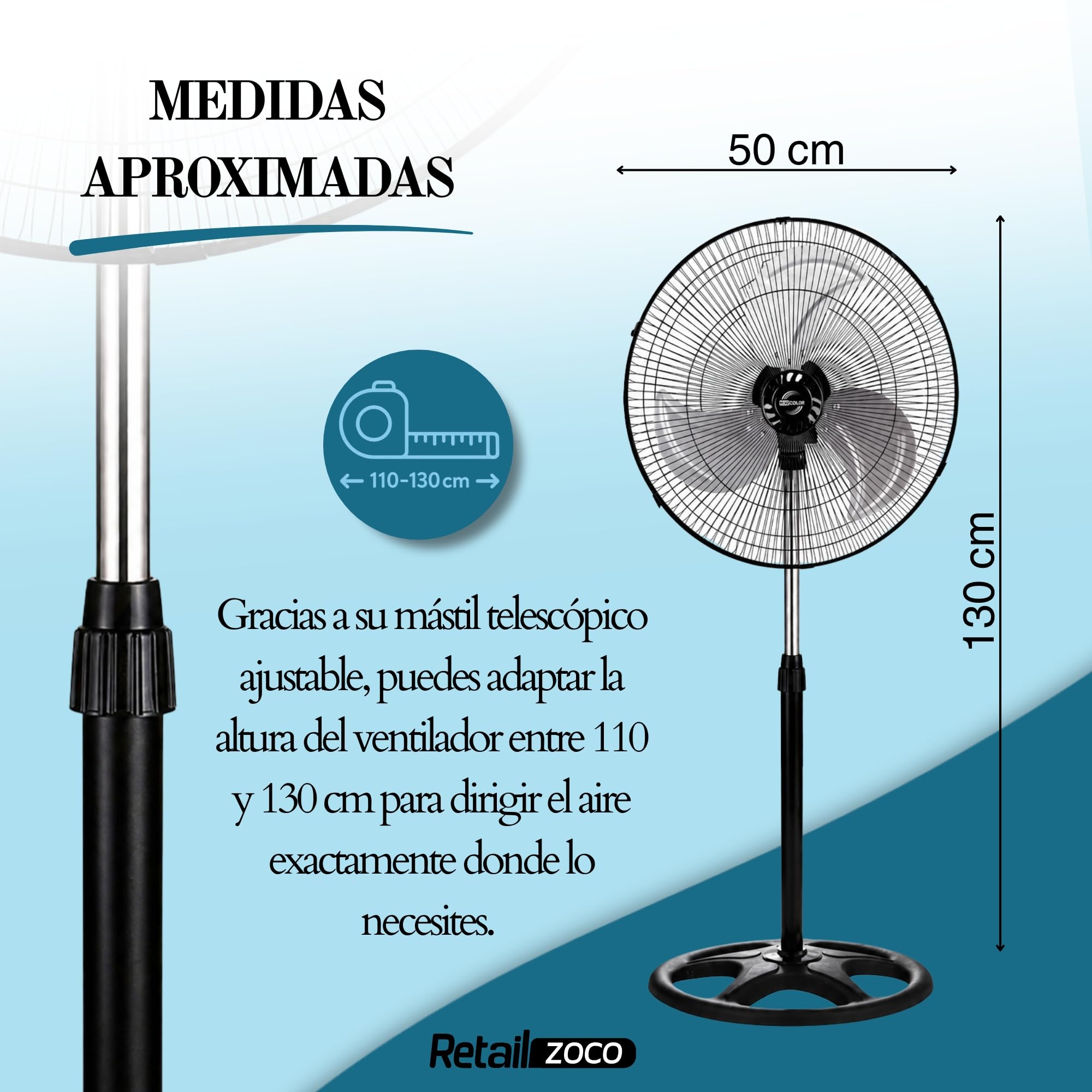 Ventilador de Pie 90W, Ventilador de suelo, Silencioso, Oscilante 3 Velocidades Altura Ajustable 110 a 130 cm, Base redonda, Aspas de 45 cm, Apto para Hogar, Oficina y Almacén, 1 Unidad color negro - imagen 4