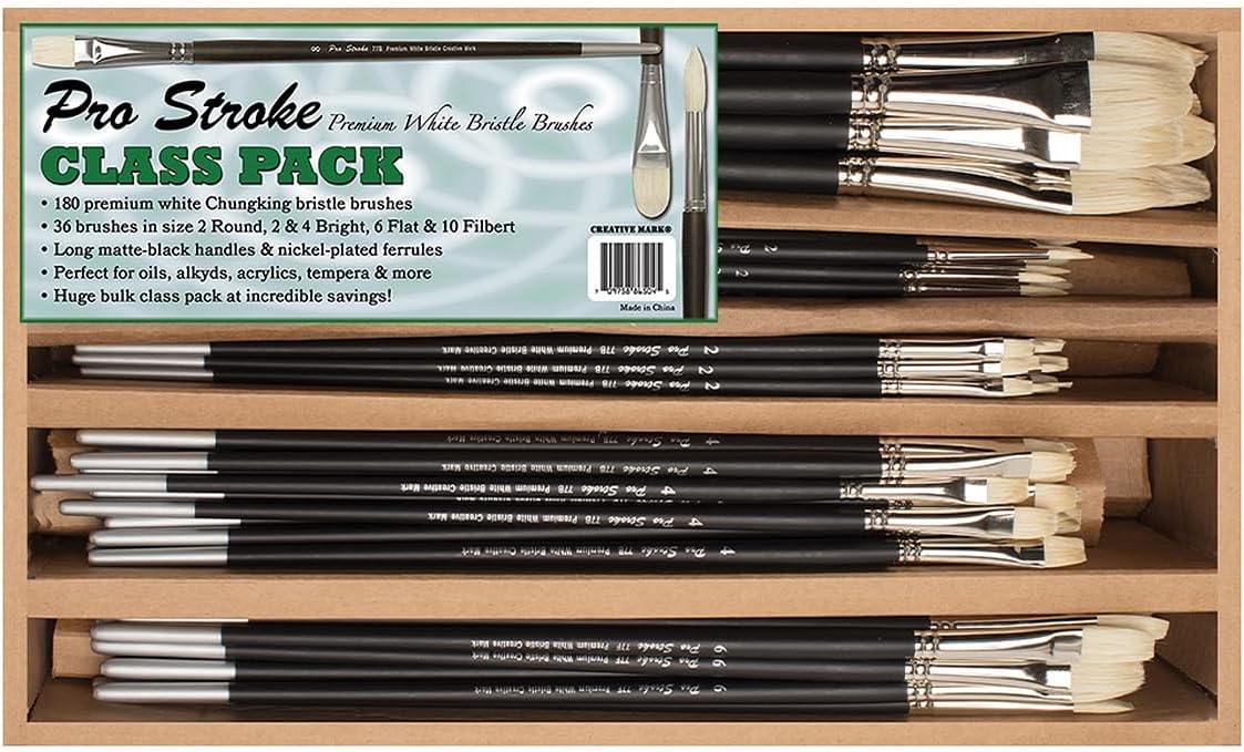 Creative Mark Bulk Paint Brushes- 180 Count Oil Brushes for Painting Workshops- Assorted Pro Stroke Premium White Chungking Bristle- Round, Bright, Flat and Filbert- Hand Tied Chungking Hog Bristle