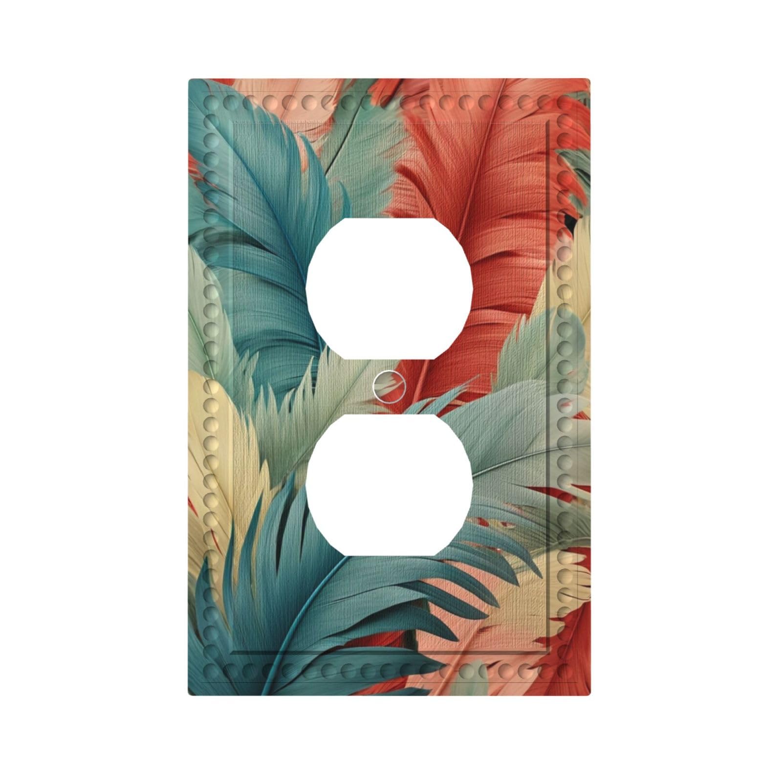 Colorful Feathers Blue Red Light Switch Cover 1 Gang Outlet Plate Single Duplex Wall Plate Covers Decorative Switchplate Covers Electrical Faceplate for Home Decor