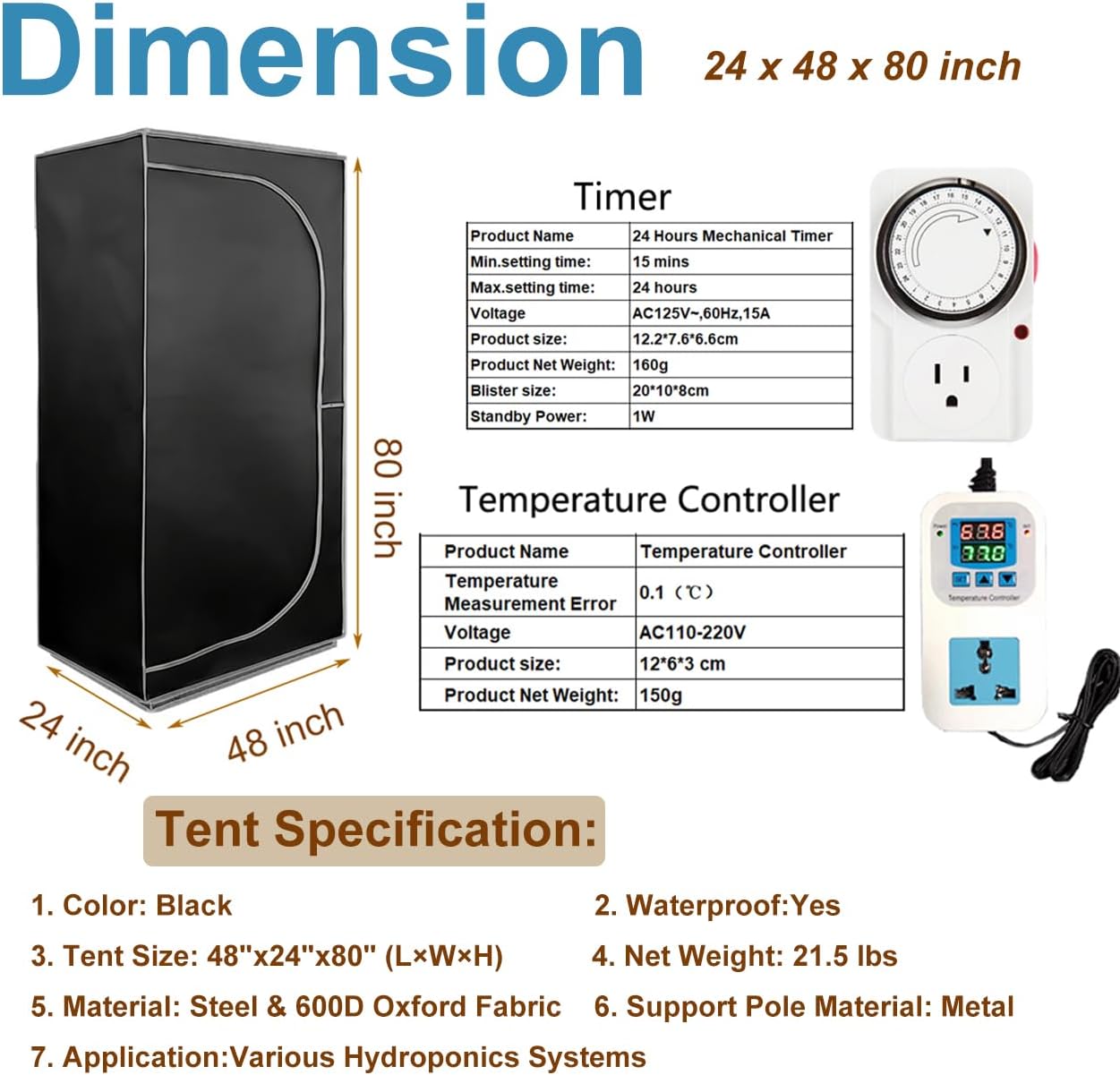 48"x24"x80" Grow Tent Kit Complete 4x2 ft High Reflective Mylar Indoor Grow Tent +Portable Full Spectrum LED Grow Light Combo Hydroponics Indoor Plant Growing Tent Room