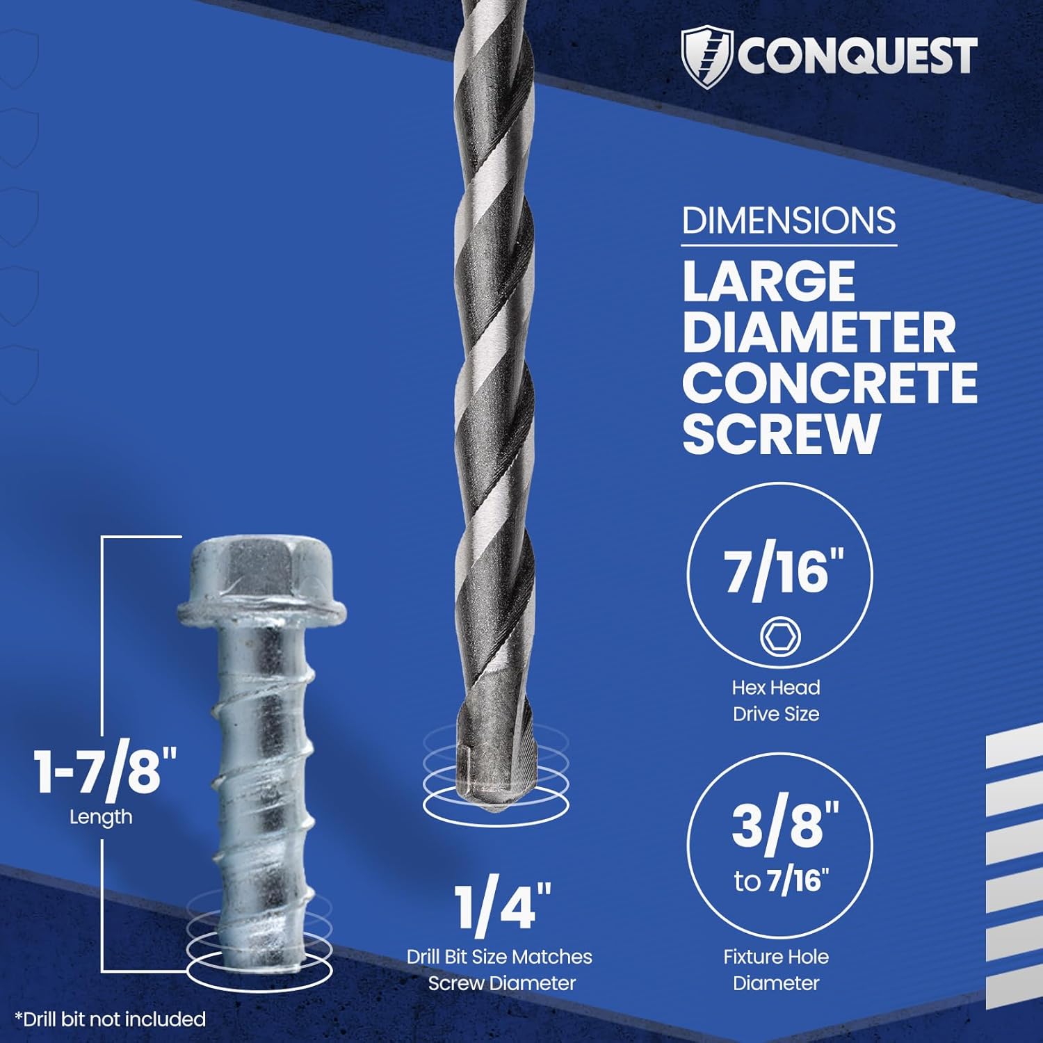 Conquest 1/4" x 1 7/8" Zinc Large Diameter Concrete Screws - High-Strength Carbon Steel for Masonry, Brick, or Block Anchoring (Pack of 100)