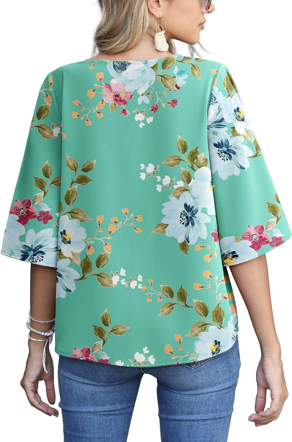 AWULIFFAN Women's Casual V Neck Batwing Sleeve Tops Tie Front Chiffon Blouses Shirts image 2