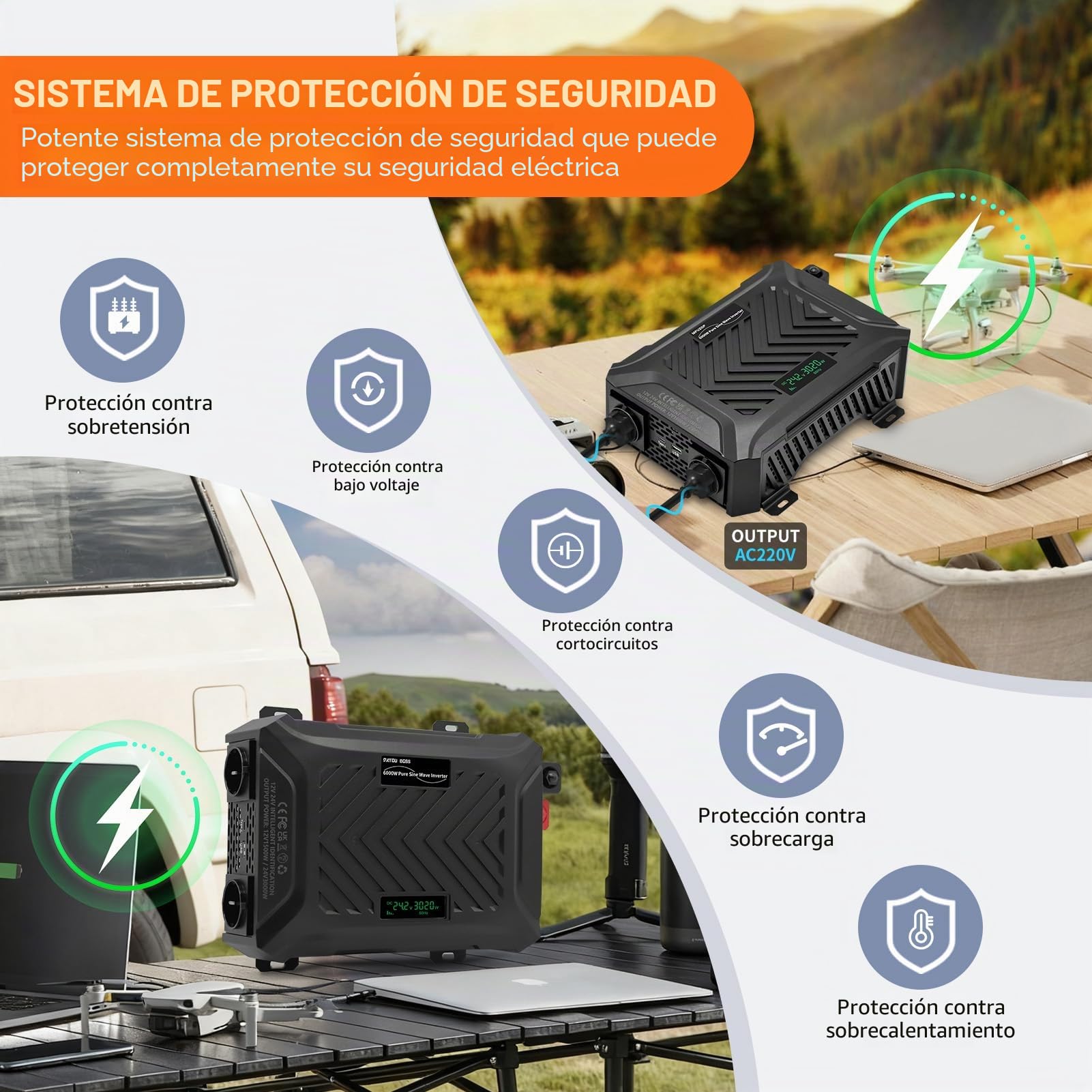 DATOUBOSS Inversor 24V 220V/230V Onda Pura 3000W/6000W, Convertidor 24V 220V 3000W con Pantalla LCD, 2 Tomas AC, 1 USB-A y 1 USB-C, para Autocaravana, Camión, Transformador Fuera de Red