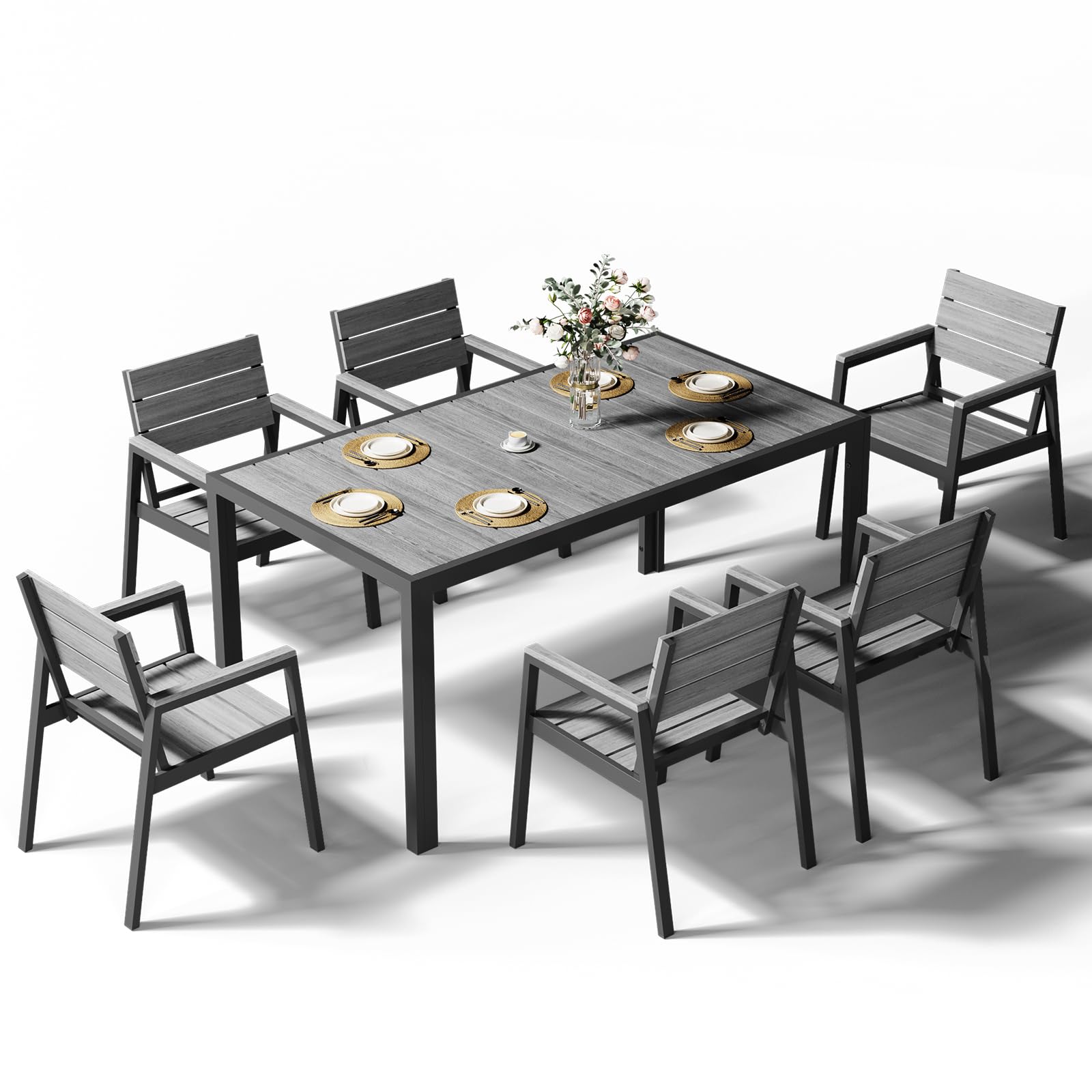 Devoko HDPS Conjunto de jardín de exterior de 7 piezas, resistente a la intemperie,con mesa de 150 cm y 6 sillas de jardín de exterior de aluminio,acabado imitación madera y fácil mantenimiento (gris)