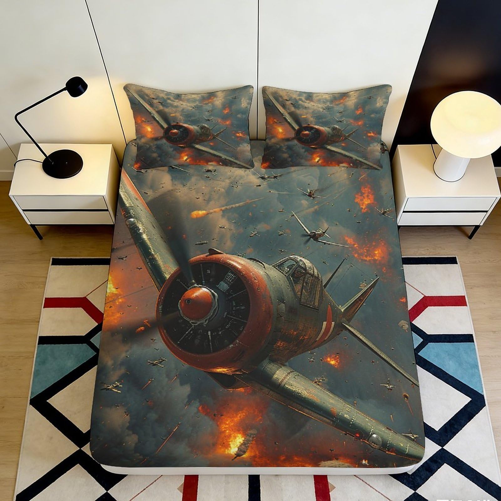3D Printed Fighter Plane Fitted Sheet Microfiber Smooth Breathable Fiery Sky Bed Cover for Bedroom Dorm Decor 90x200x25cm