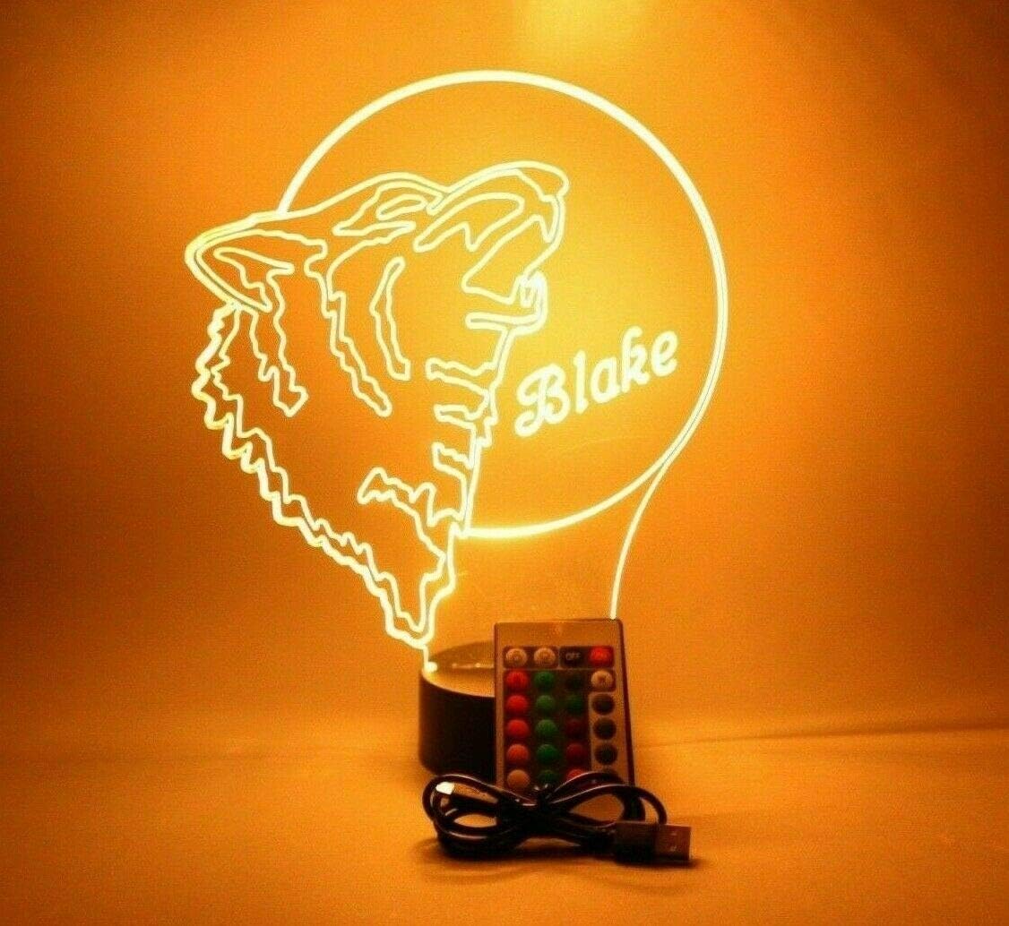 MIRROR MANIA Wolf Howling in Moon Light Up Lamp LED with Remote Personalize Free Engraved Wolf Table Lamp - It's Wow, Comes with Remote, 16 Color Options, Cord, Stand, Dimmer, Great Gift