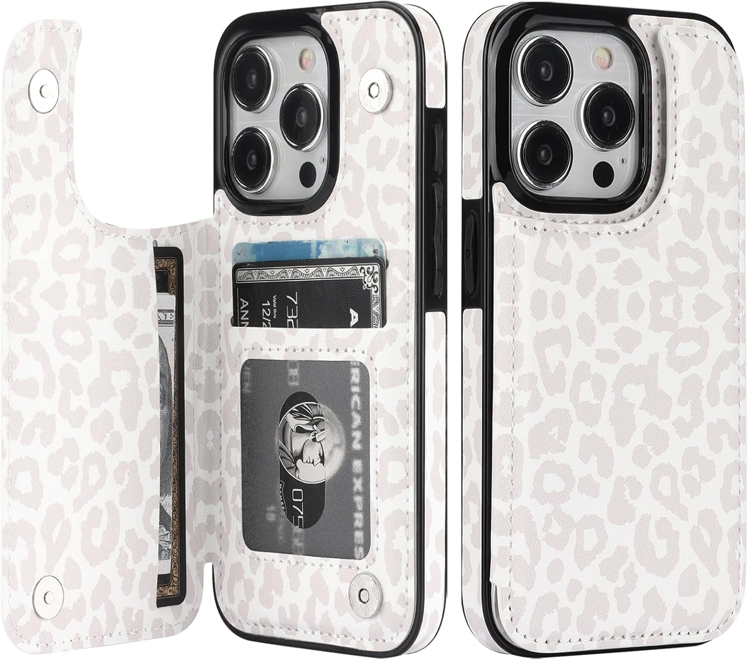 HAOPINSH iPhone 15 Pro Case Wallet with Card Holder, White Leopard Cheetah Pattern PU Leather Kickstand Case for Women, Double Magnetic Clasp, 6.1"