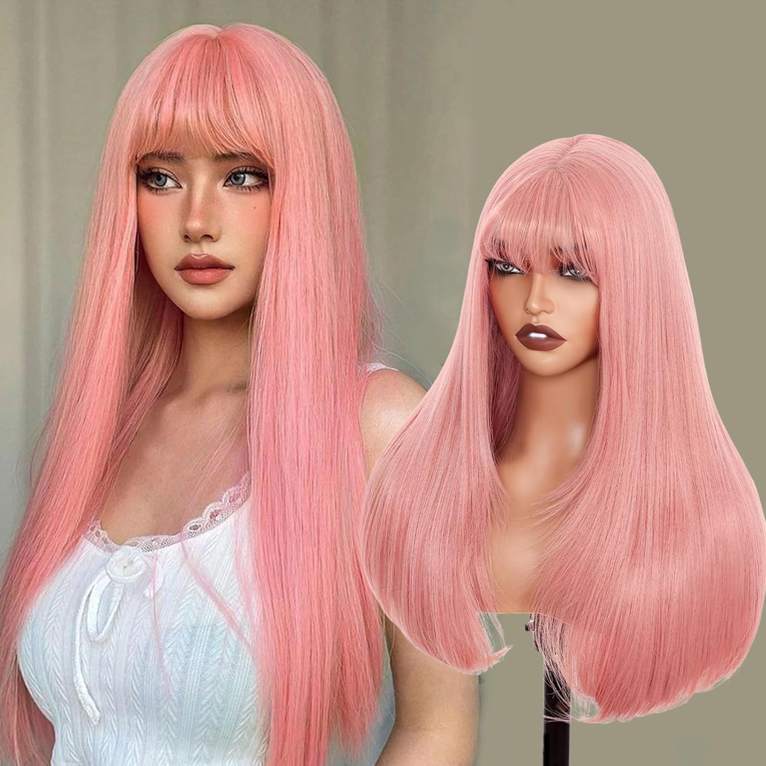 Perruque rose synthétique à frange pour changer de look facilement - 8
