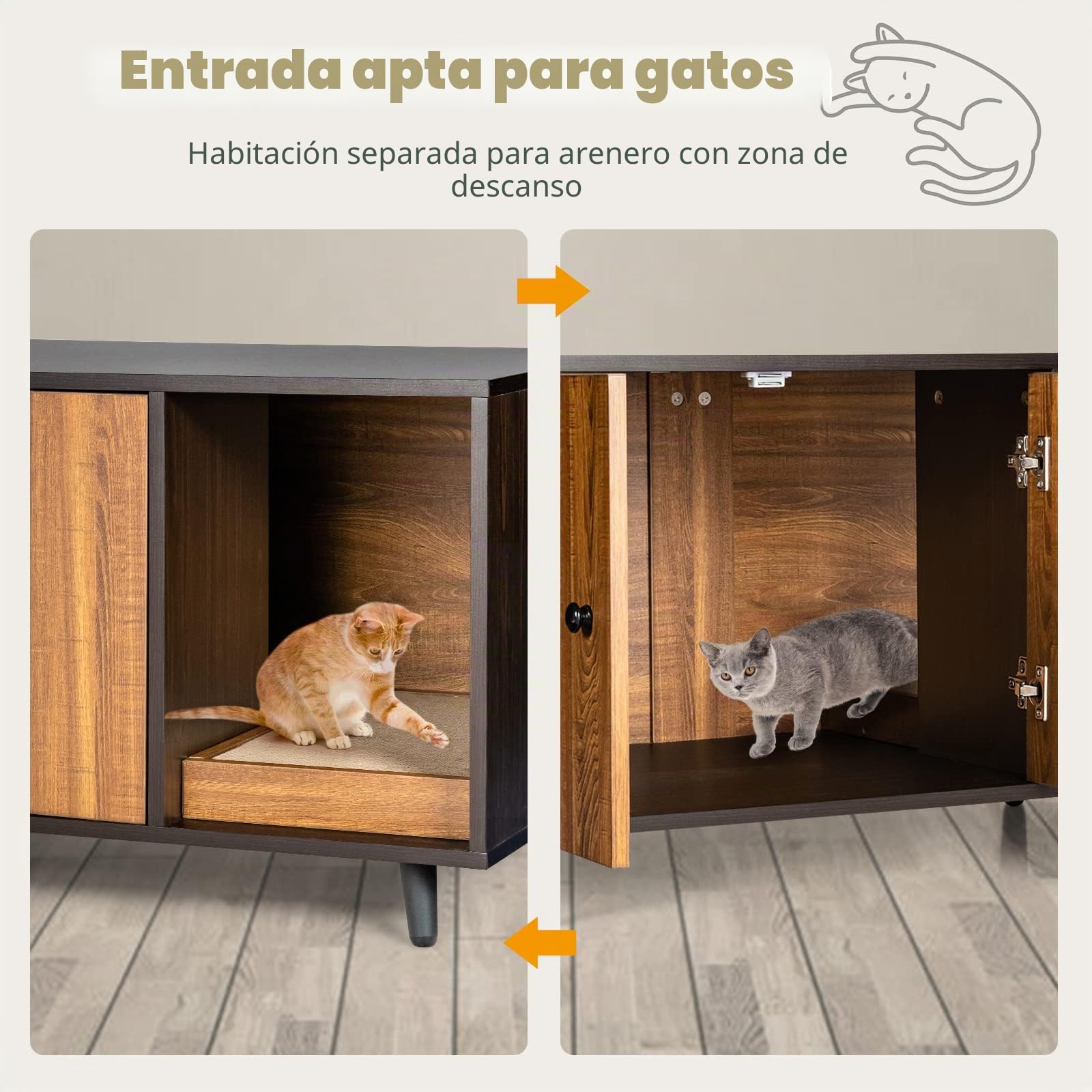 GOPLUS Armario para gatos 2 en 1 para arenero, casa de gatos de madera con puertas, patas de acero, caja rascador extraíble, resistente al agua y a los arañazos, cueva para gatos y mascotas, 90 x 50 x