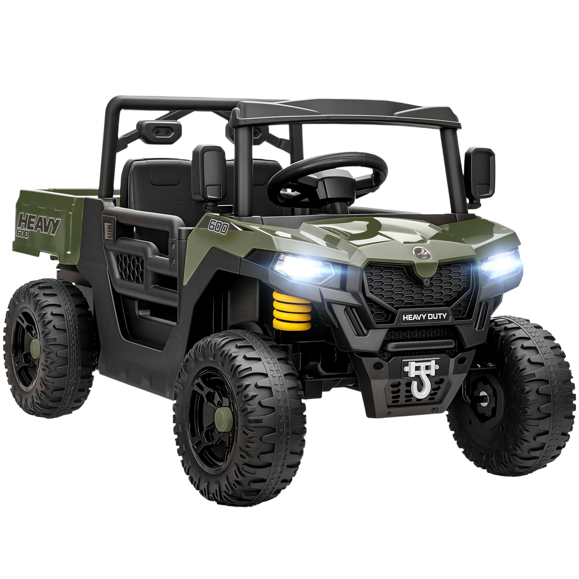 AIYAPLAY Macchina Elettrica per Bambini UTV 12V Fuoristrada Auto per Bambini con Bagagliaio, 2 Motori, Cintura 3 Punti, Telecomando, Sospensioni, USB, Musica, Luci, 1.8-3.7 km/h, 3-8 Anni, Verde