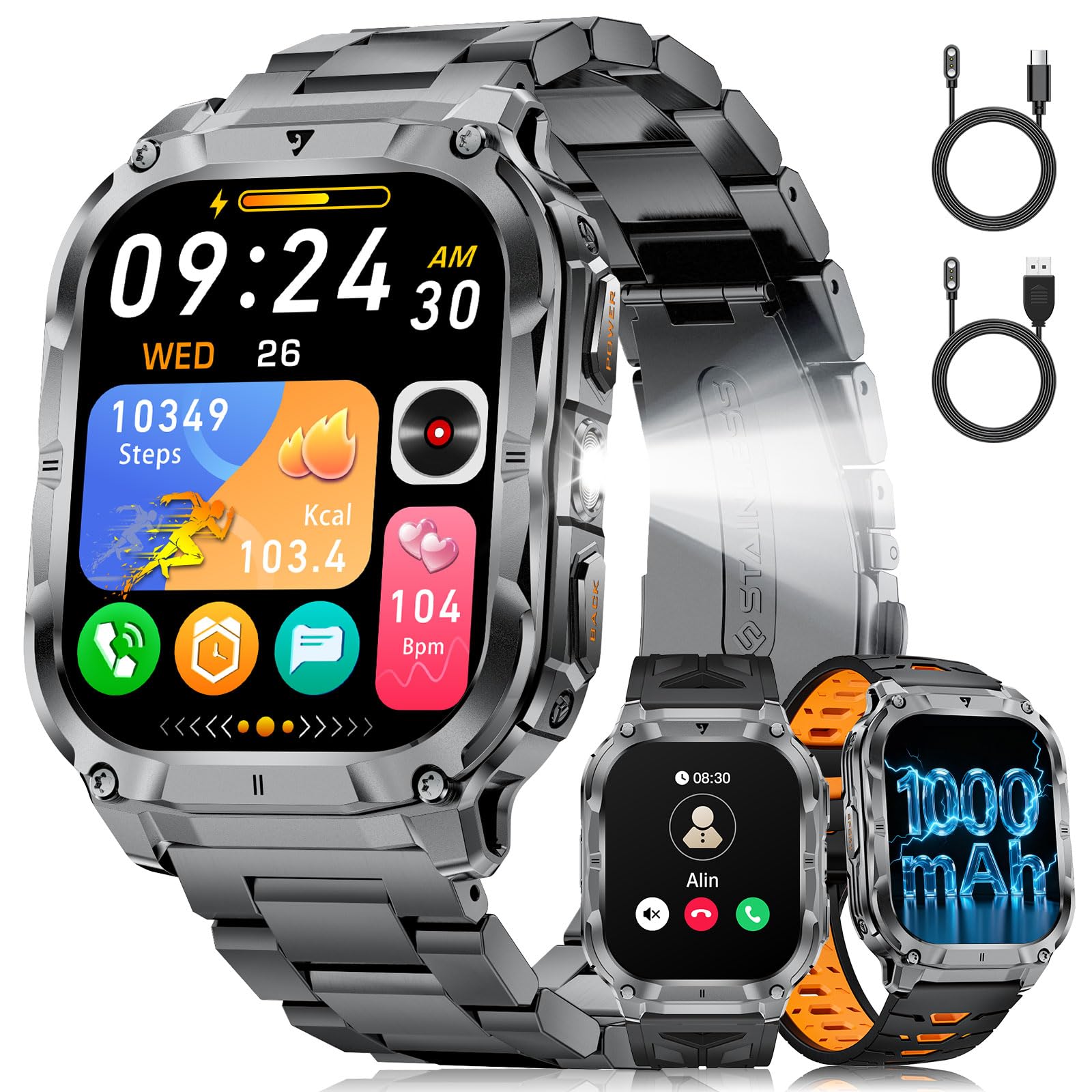 Reloj Inteligente Hombre con LED Linterna, 1000mAh/IP68 Impermeable/2.0" HD Militar Smartwatch con Llamadas, 100+ Modos Deportivos/24H Pulsómetro/Sueño Pulsera Actividad Android iOS, Negro-Naranja