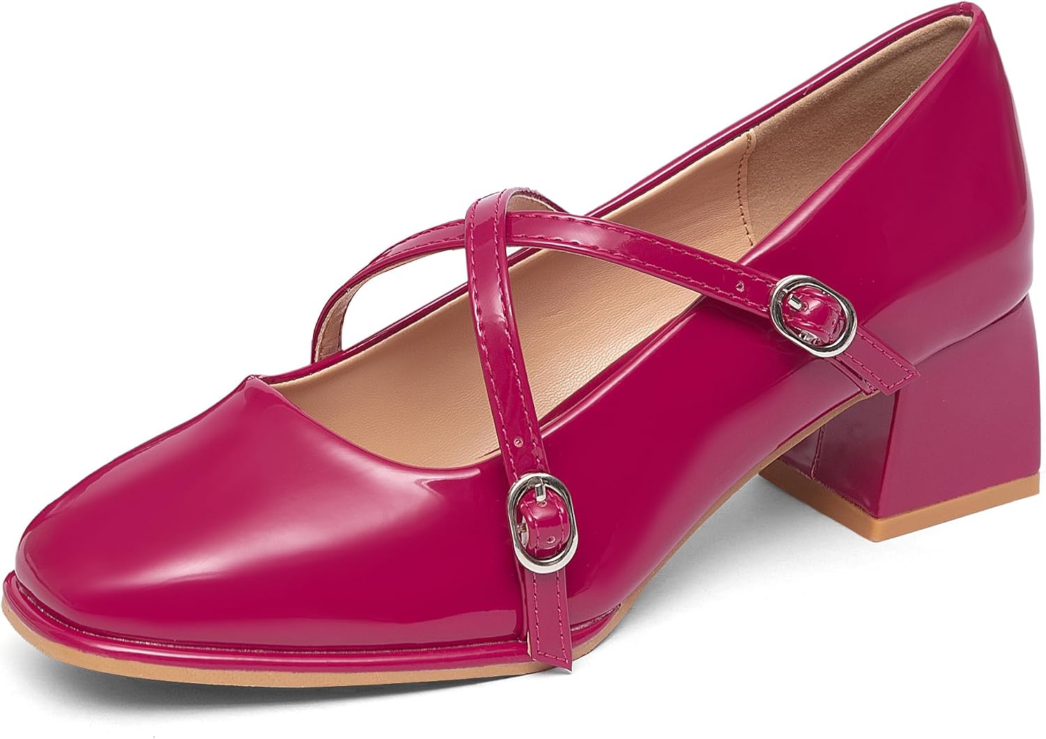 NEWBELLA Women's Retro Mary Janes - Patent Leather Chunky Heel Pumps with Cross Strap & Square Toe, Comfortable French Style Dress Shoes for Work & Daily Wear