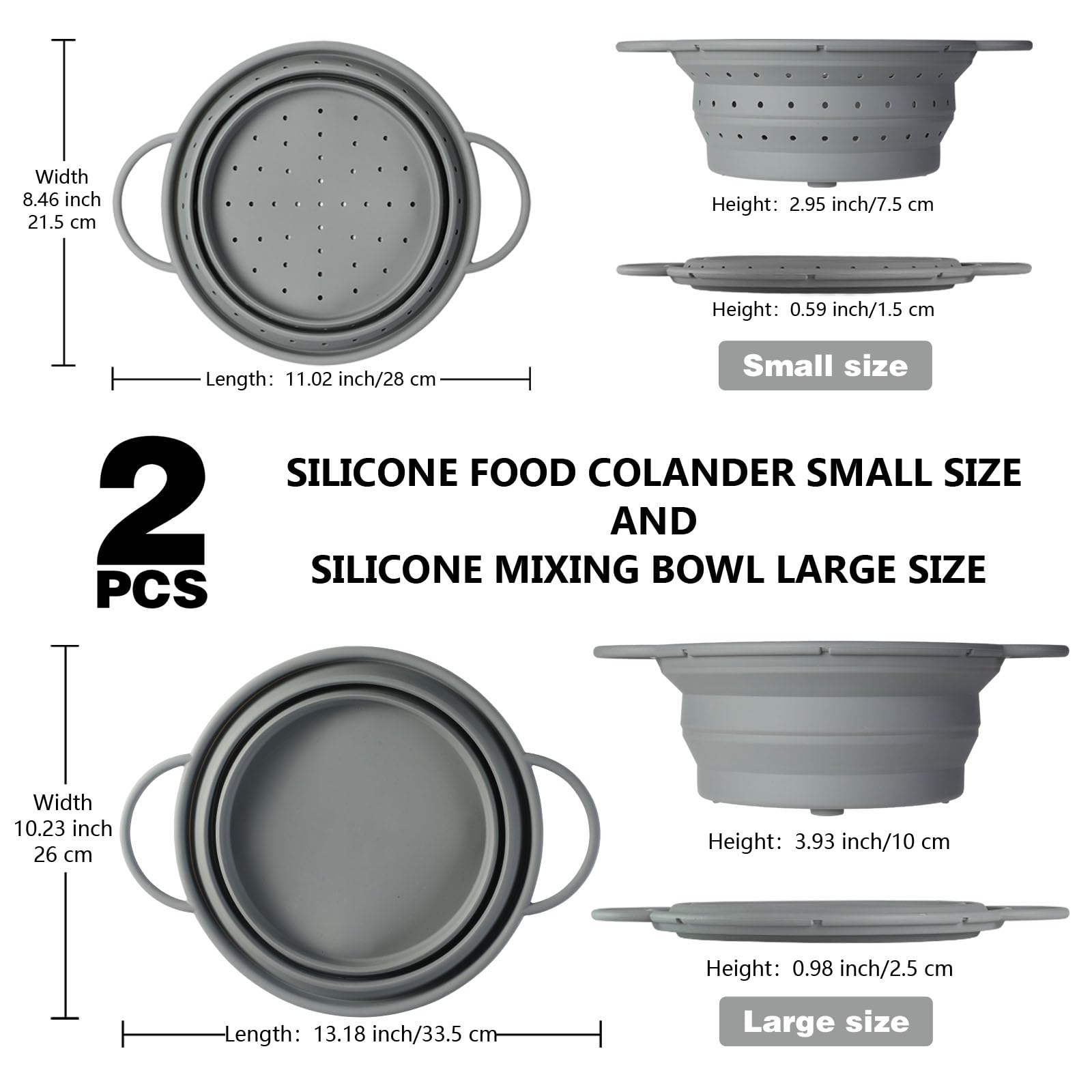 Juego de colador plegable de silicona, colador de alimentos de 8 pulgadas y cuenco de mezcla de 9 pulgadas, cuenco multifunción para cocinar y lavar – Fácil de limpiar, sin BPA, juego de utensilios de