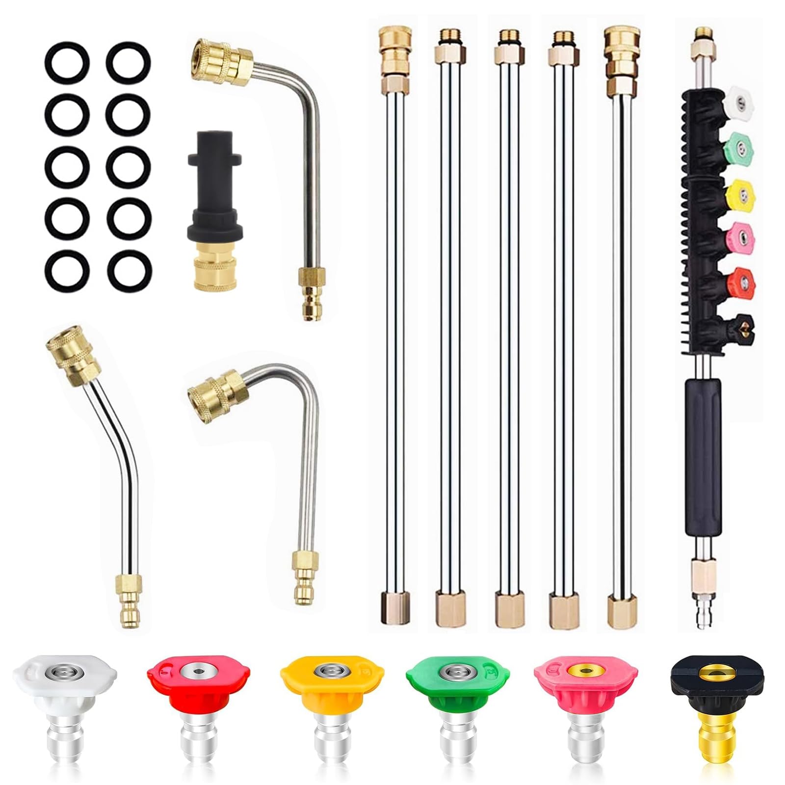 Set de Barras Telescópicas para Hidrolimpiadora, 10 Piezas Lanzas de Acero Inoxidable con Adaptador Compatible con Serie Kärcher K, 6 Boquillas + 3 Barras Curvas (30°, 90°, 120°), Conexión Rápida 1/4"