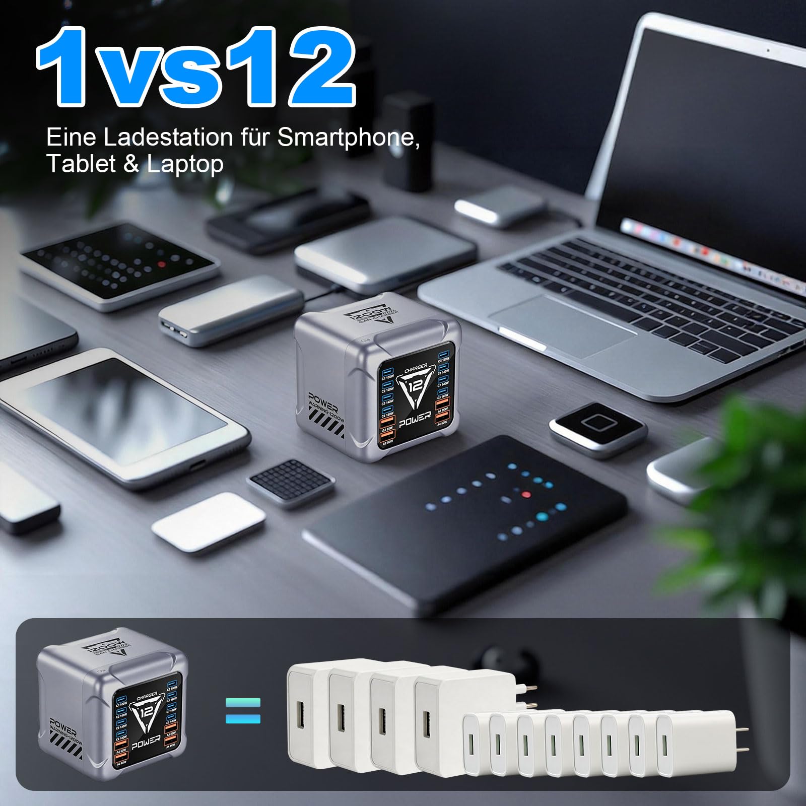 1200W USB C Ladegerät Mehrfach, 12 Ports GaN Laptop Schnellladegerät Ladestation Max PD140W/QC60W (8C+4A) Kompatibel mit MacBook Pro/Air, iPad, iPhone, HP, Galaxy S25 usw (Grau)