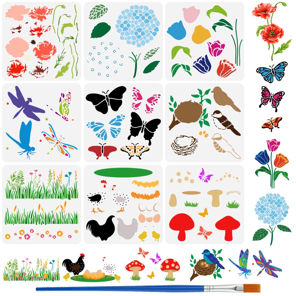 FINGERINSPIRE 9Pcs Layered Animals and Plants Painting Stencil with Brush 30x30cm Butterflies Dragonflies Chickens Birds Drawing Template Tulips Hydrangeas Grass Flowers Mushrooms Pattern DIY Stencil